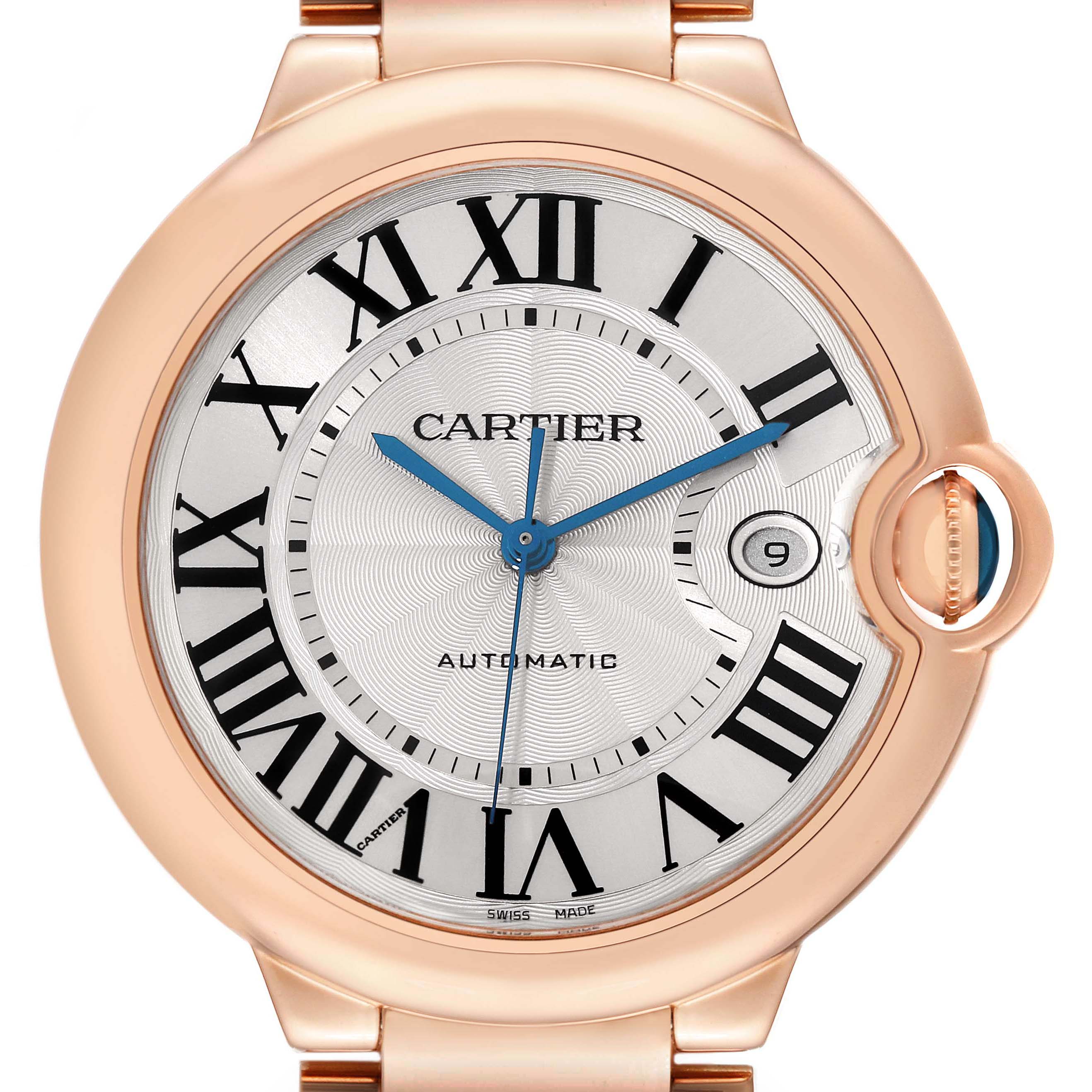 The Cartier Ballon Bleu W69006Z2 Men
s Rose Gold Silver Dial watch is shown close-up from the front, highlighting its dial, Roman numerals, hands, and crown.