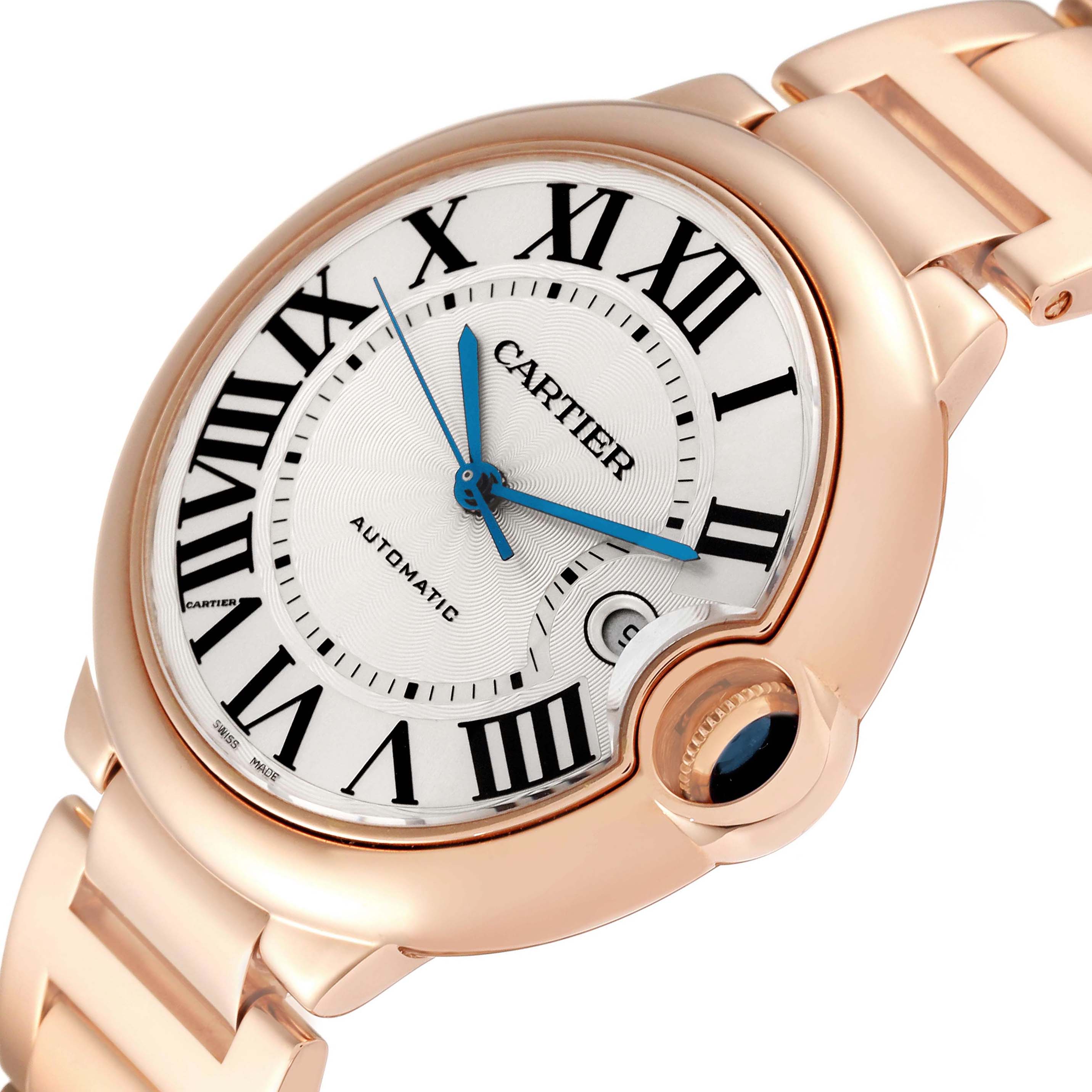 The Cartier Ballon Bleu W69006Z2 Men
s Rose Gold Silver Dial watch is shown at a tilted angle, displaying the face, Roman numerals, hands, and part of the bracelet.
