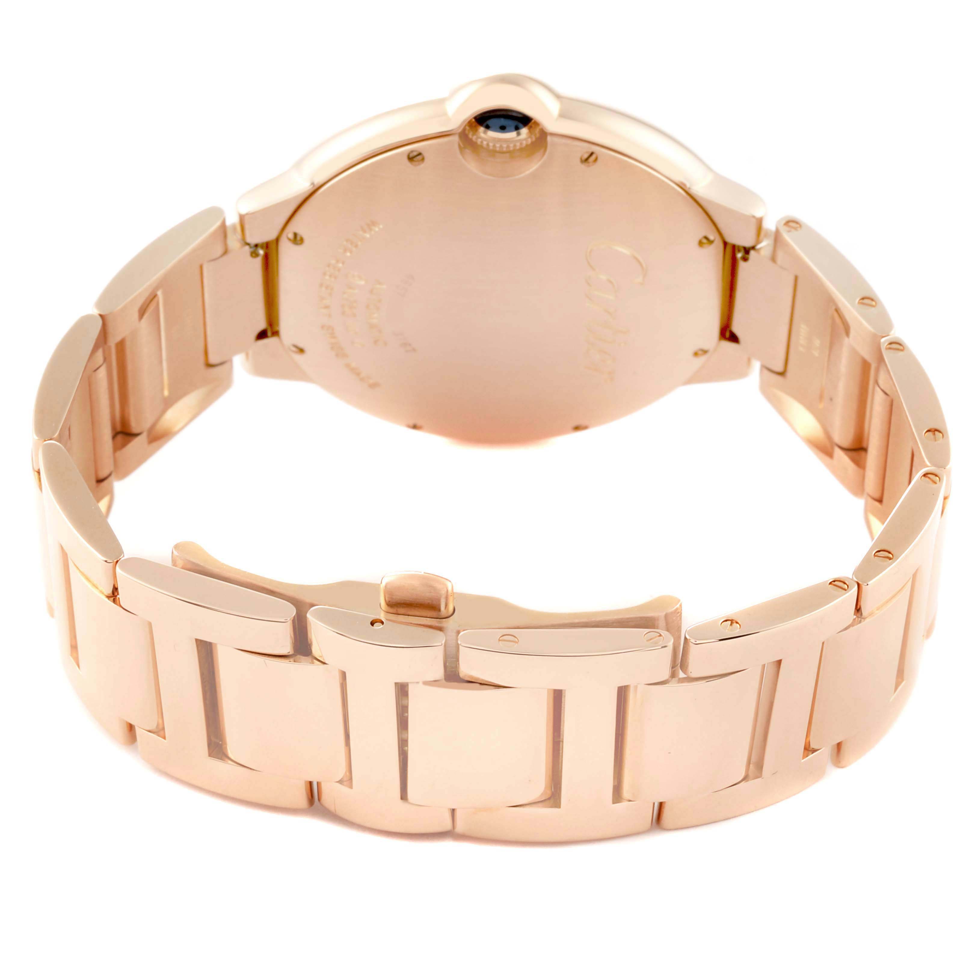 The image shows the back and bracelet of the Cartier Ballon Bleu W69006Z2 Men
s Rose Gold Silver Dial watch, highlighting the clasp and rear case in a gold finish.