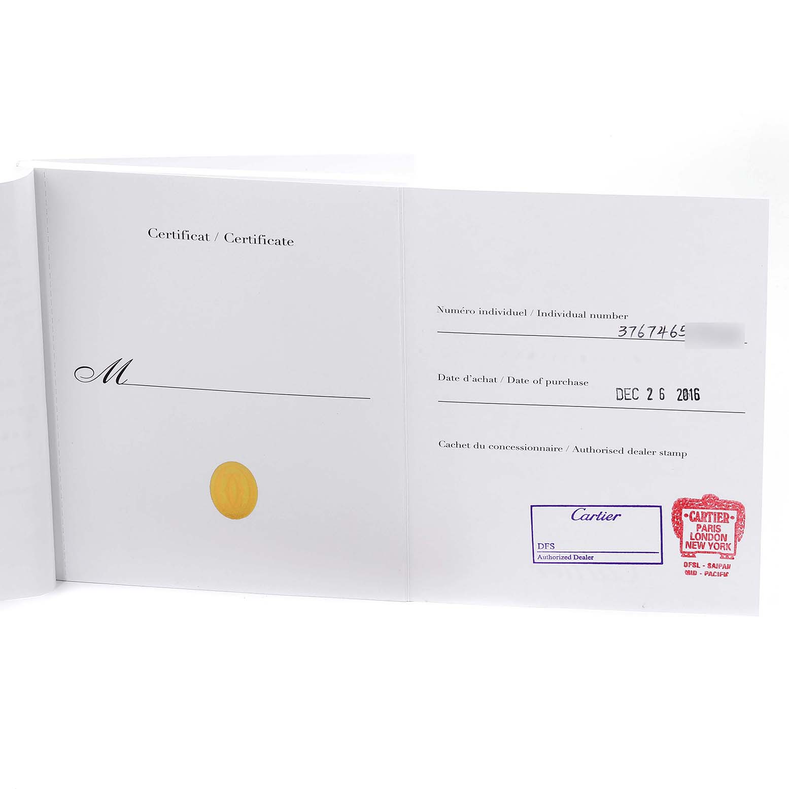 This image shows the certificate of Best Quality
ity for a Ballon Bleu model by Cartier.