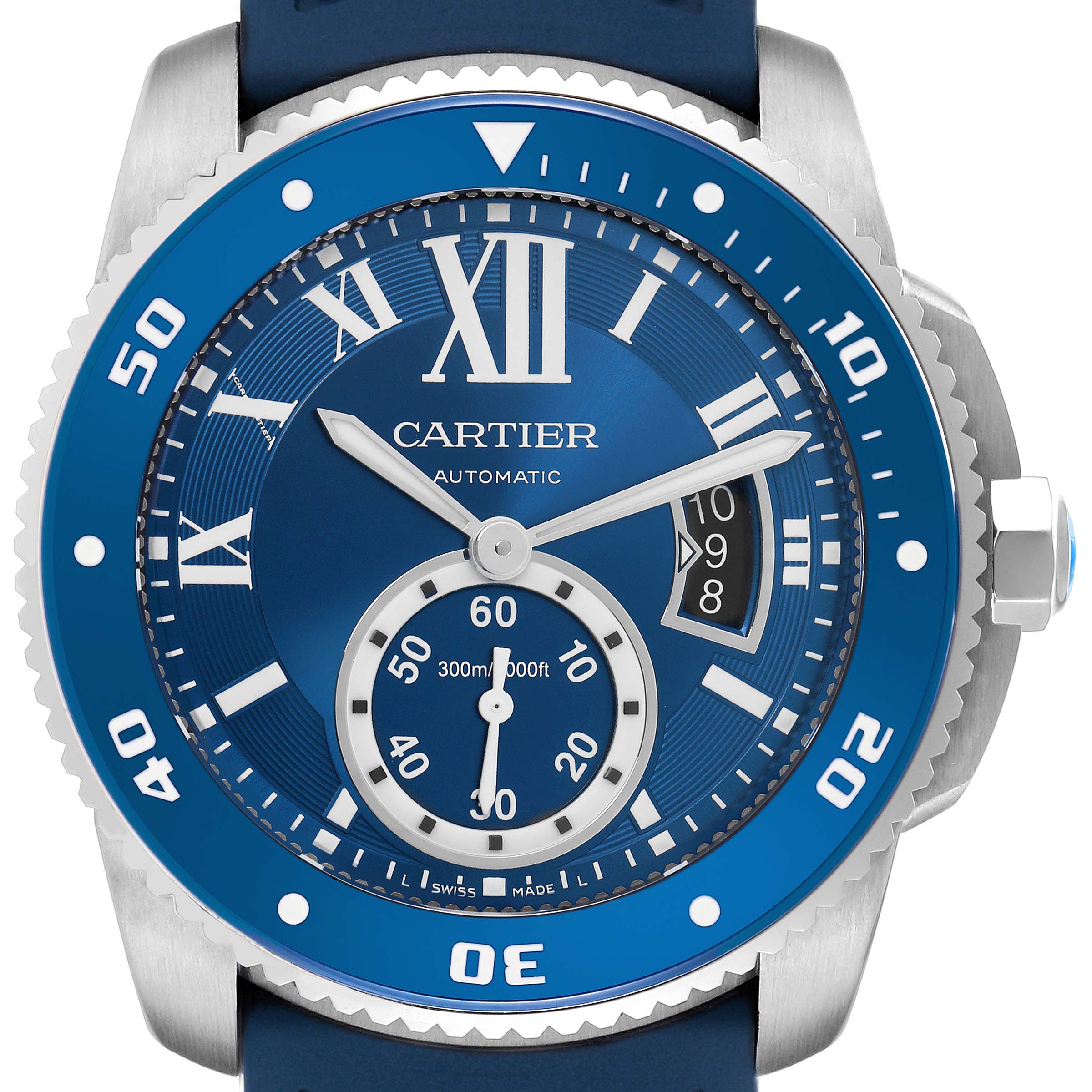 The Calibre de Cartier watch by Cartier is shown from the front, highlighting its blue dial, bezel, and silver indices.