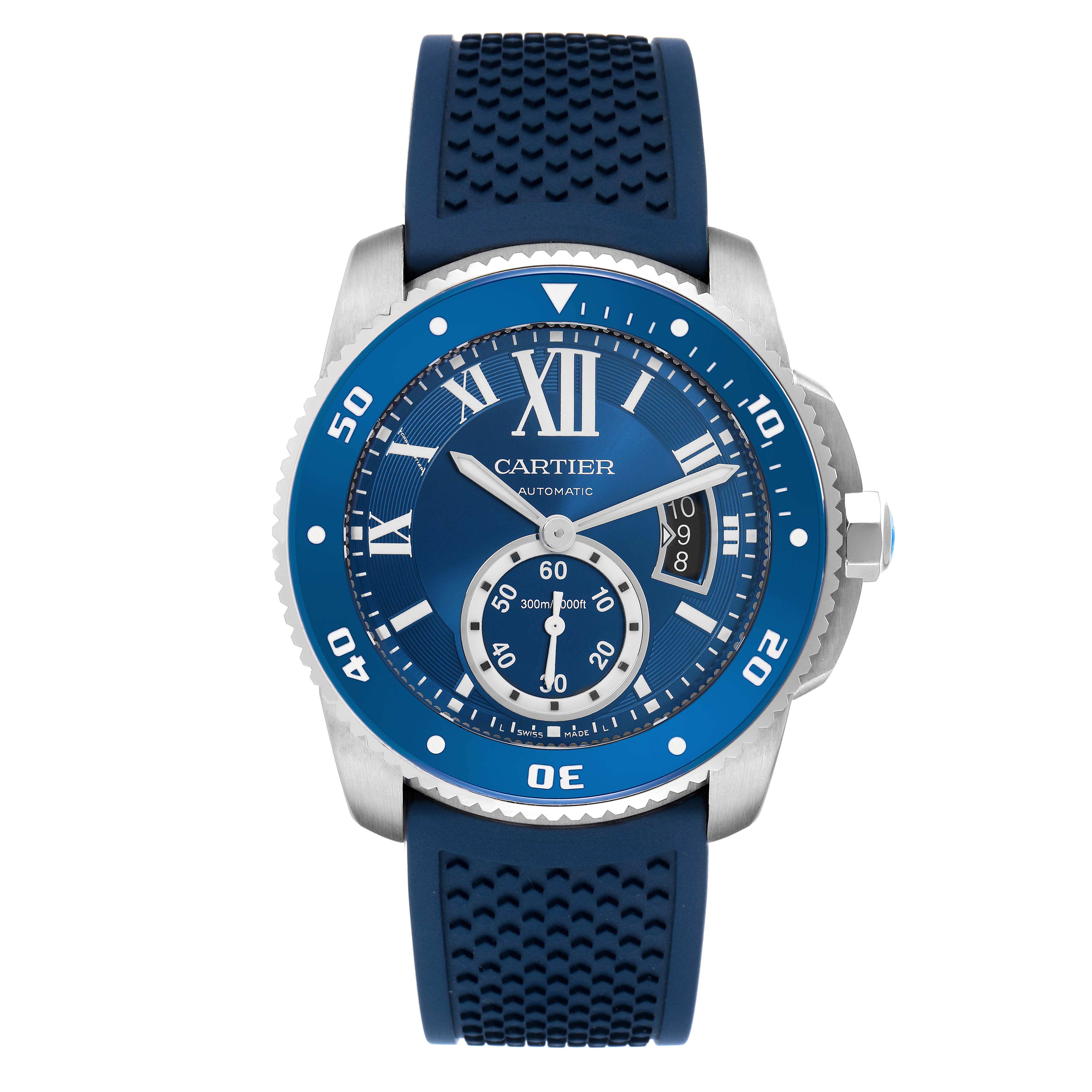 The Calibre de Cartier watch is shown from the front, highlighting the dial, bezel, and crown.