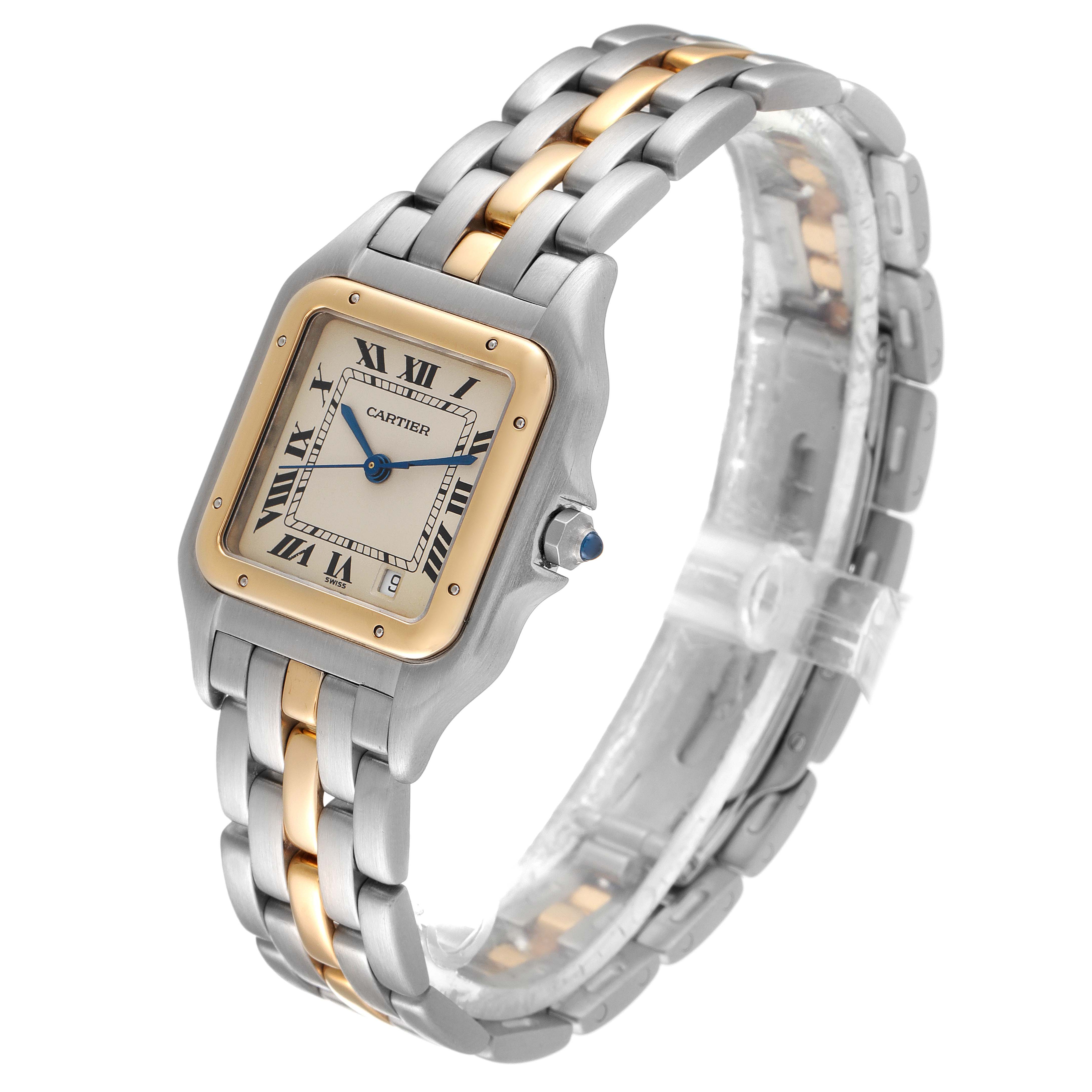 The image shows a Cartier Panthere W25028B5 Men's Steel and Gold (two tone) Silver Dial W25028B5 Men's Steel and Gold (two tone) Silver Dial watch at an angle highlighting its face, bezel, and two-tone metal bracelet.