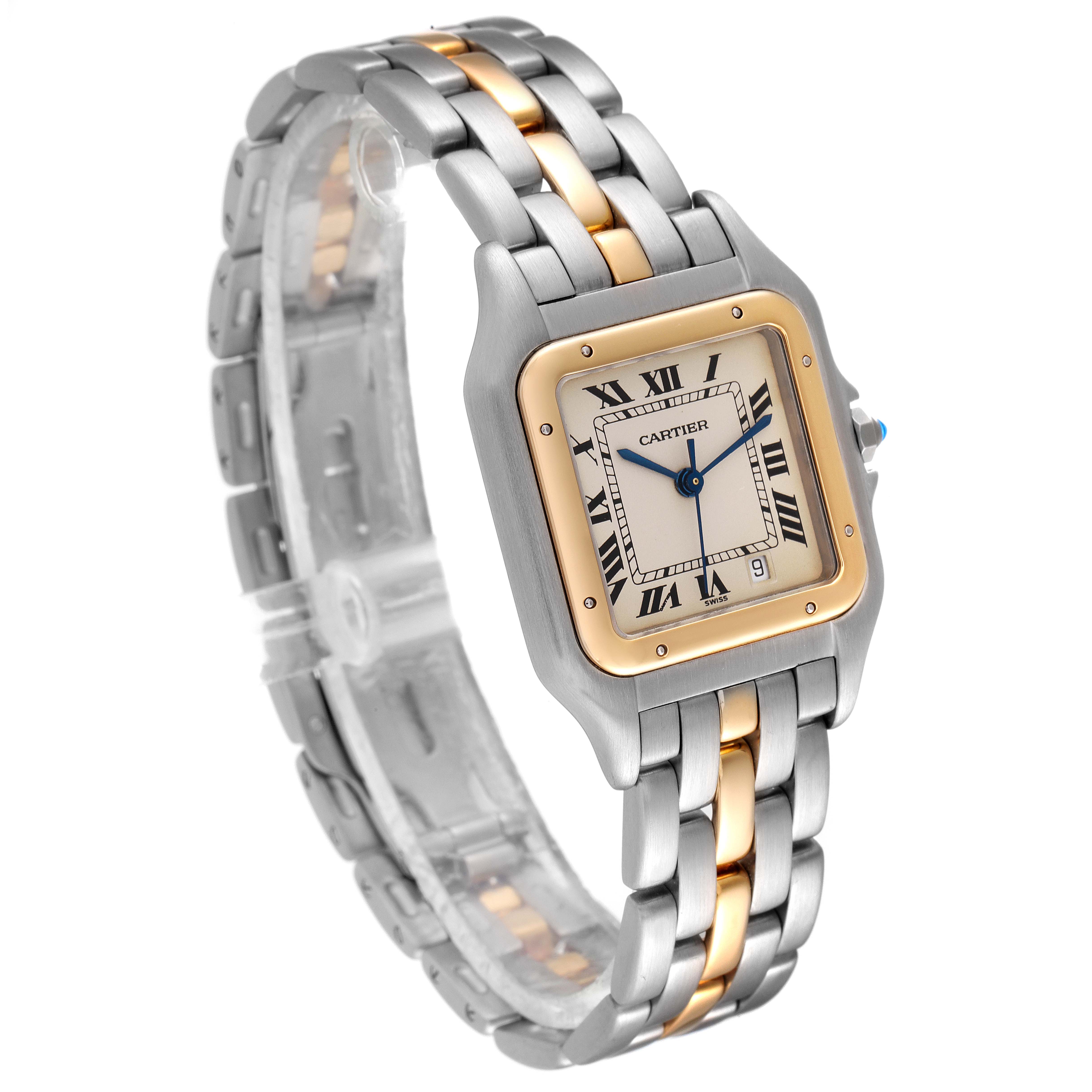 The Cartier Panthere W25028B5 Men's Steel and Gold (two tone) Silver Dial W25028B5 Men's Steel and Gold (two tone) Silver Dial watch is shown at an angle highlighting its face, Roman numerals, dual-tone band, and crown.