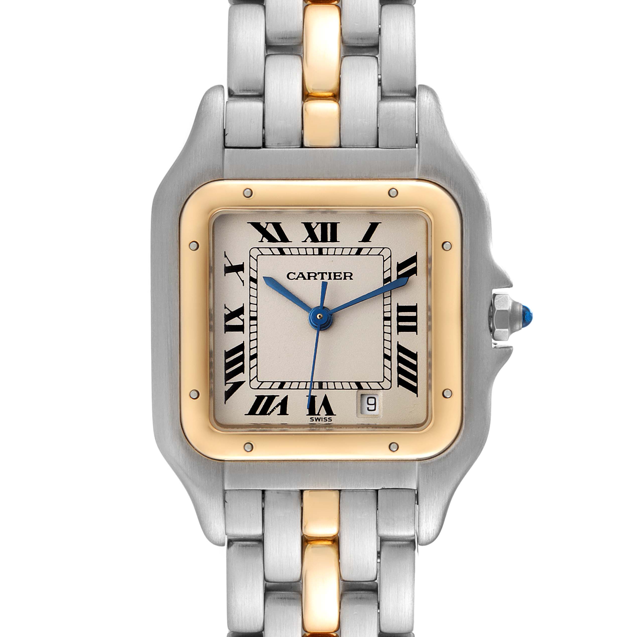 The image shows a Panthere de Cartier watch from a front angle, displaying the dial, bezel, crown, and part of the bracelet.