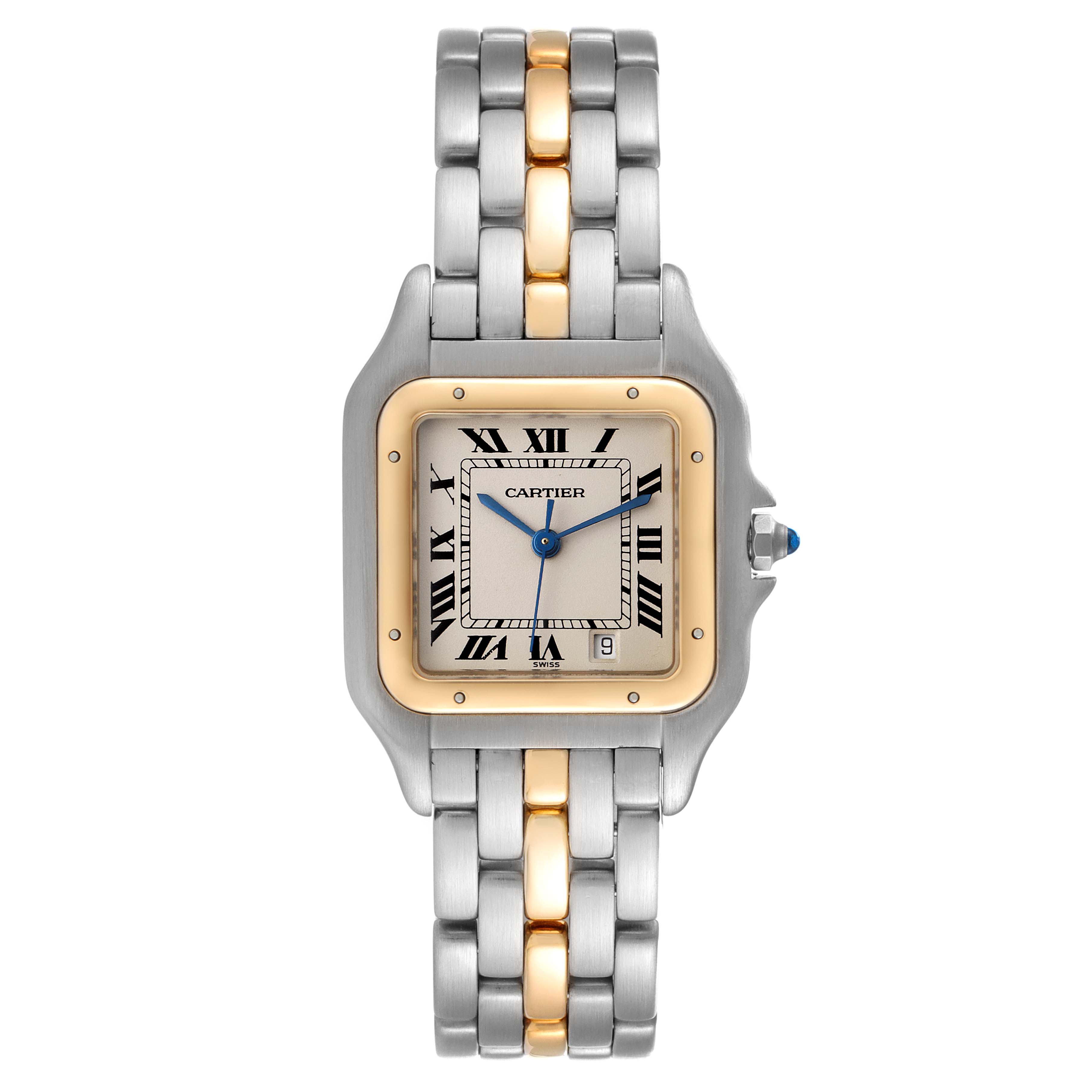 The image shows a front view of a Cartier Panthere W25028B5 Men's Steel and Gold (two tone) Silver Dial W25028B5 Men's Steel and Gold (two tone) Silver Dial watch, displaying its two-tone metal bracelet and square face with Roman numerals.
