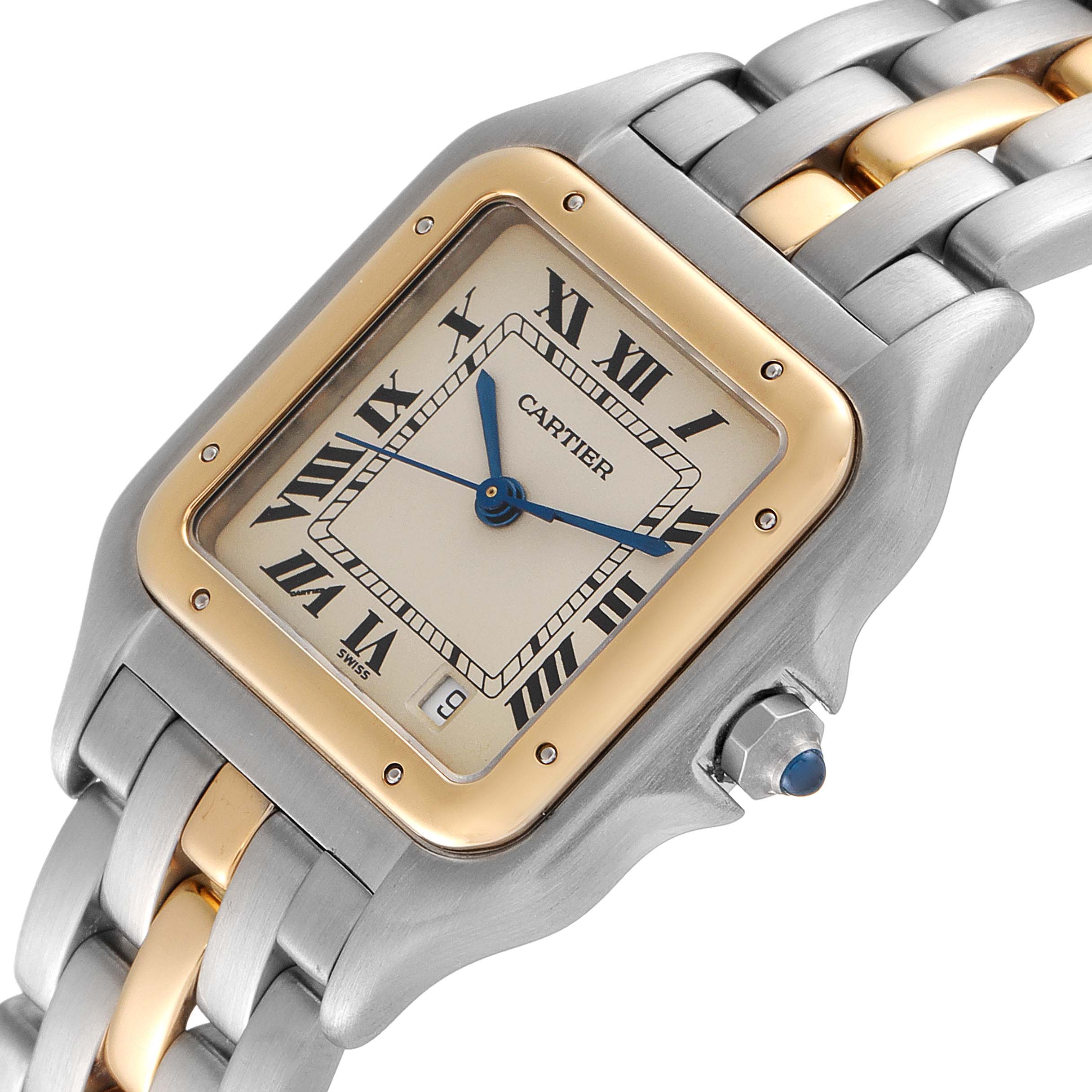 The image shows a close-up of the face and part of the bracelet of a Cartier Panthere W25028B5 Men's Steel and Gold (two tone) Silver Dial W25028B5 Men's Steel and Gold (two tone) Silver Dial watch.