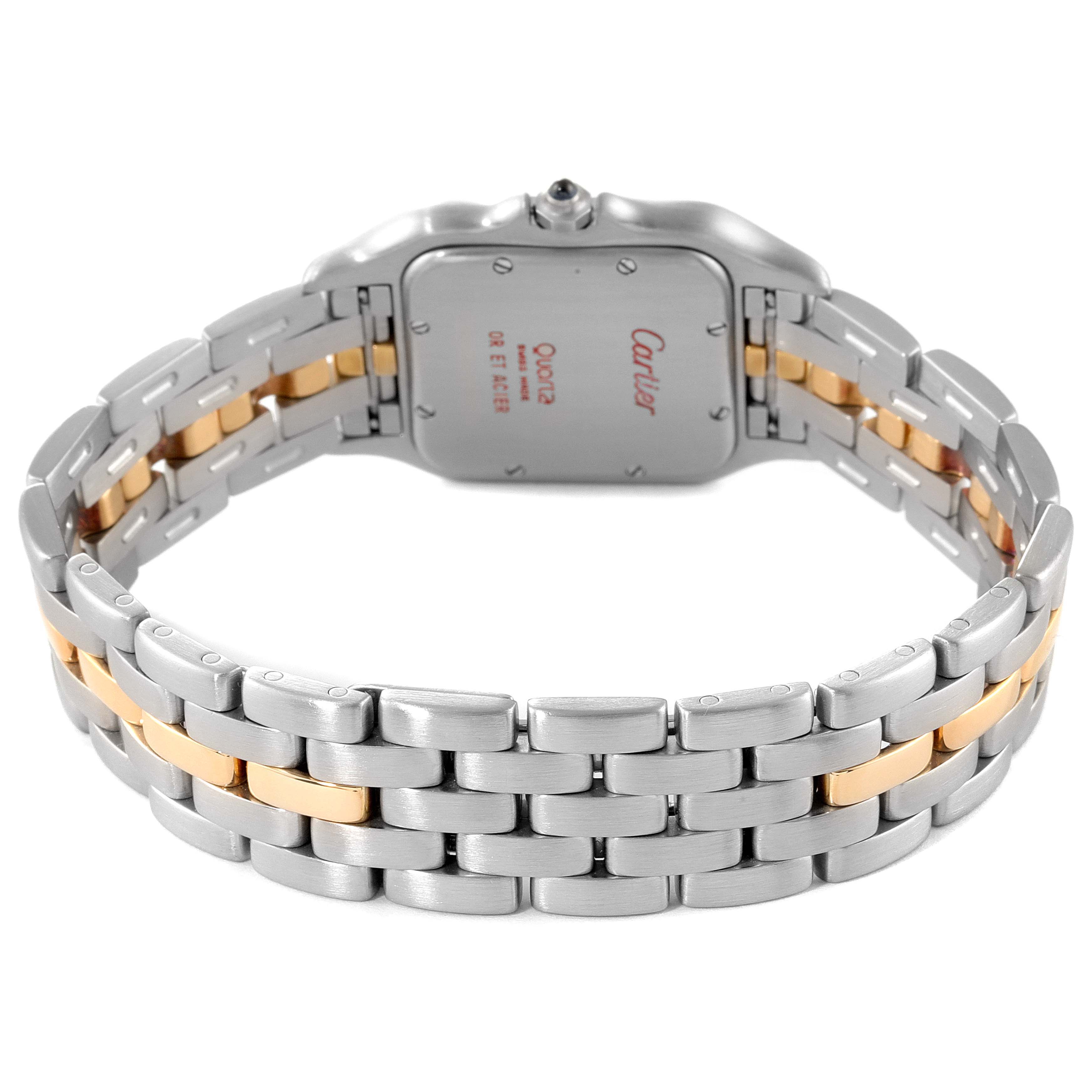 This image shows the back of the Panthere model by Cartier, highlighting the case back and two-tone bracelet.