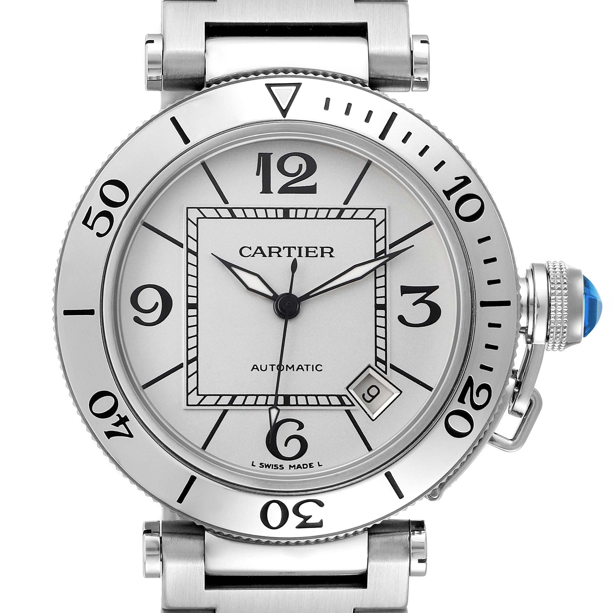 The Calibre de Cartier watch is shown from a front angle, highlighting the face, bezel, and crown with blue cabochon.