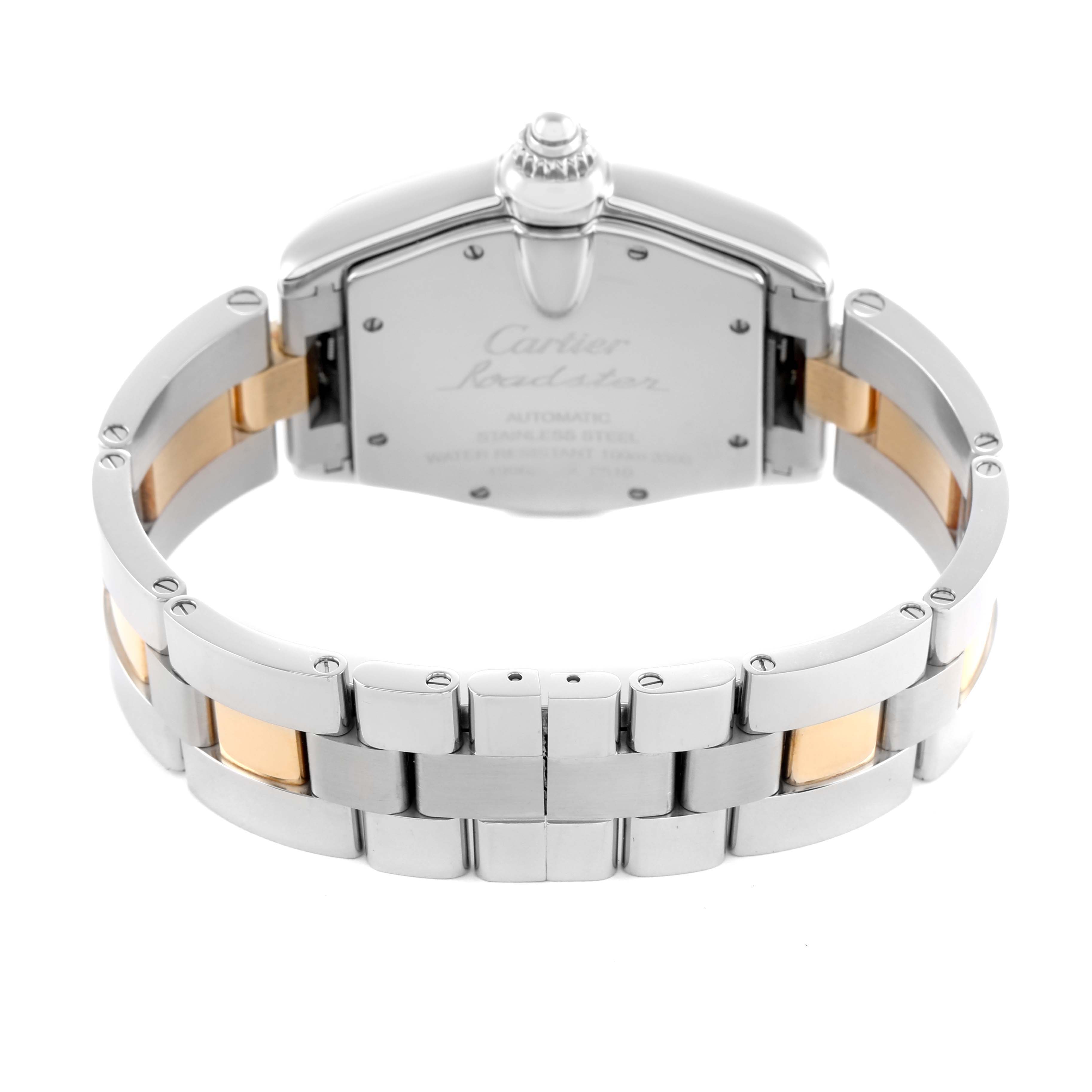 The image shows the back view of a Cartier Roadster W62031Y4 Men's Steel and Gold (two tone) Silver Dial watch, highlighting the case back and bracelet in silver and gold tones.
