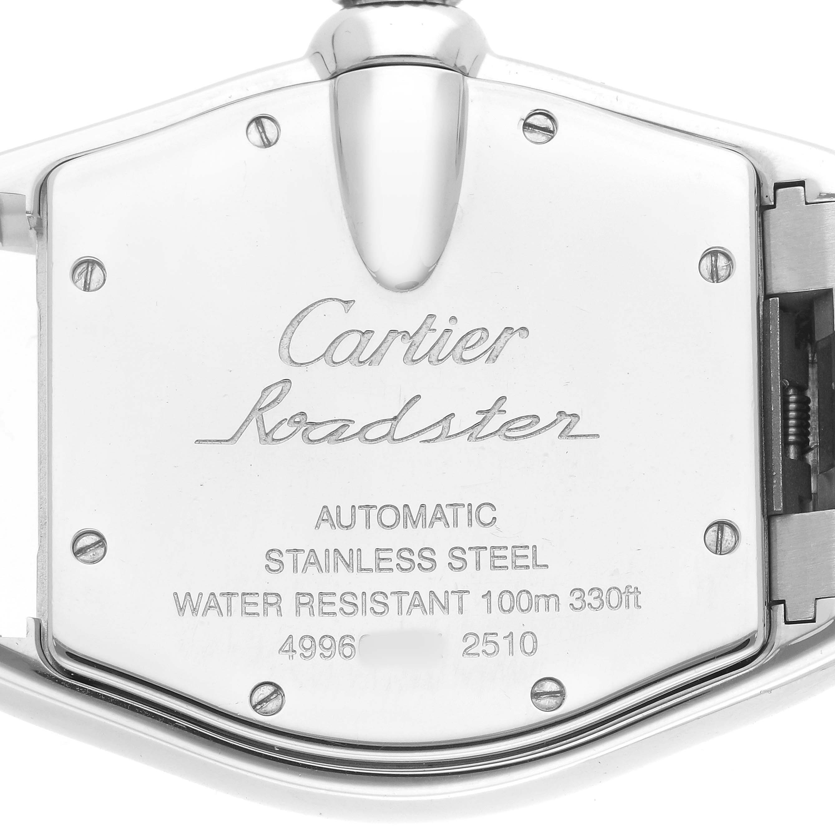 The image shows the back cover of the Cartier Roadster W62031Y4 Men's Steel and Gold (two tone) Silver Dial watch, detailing its specifications and number.