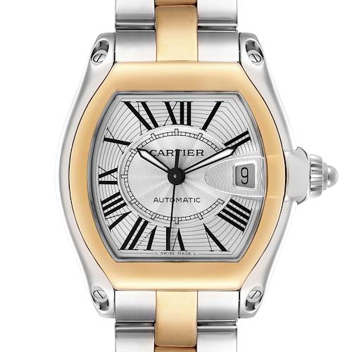 The Cartier Roadster W62031Y4 Men's Steel and Gold (two tone) Silver Dial watch is shown from the front, highlighting its dial, Roman numerals, bezel, and bracelet.