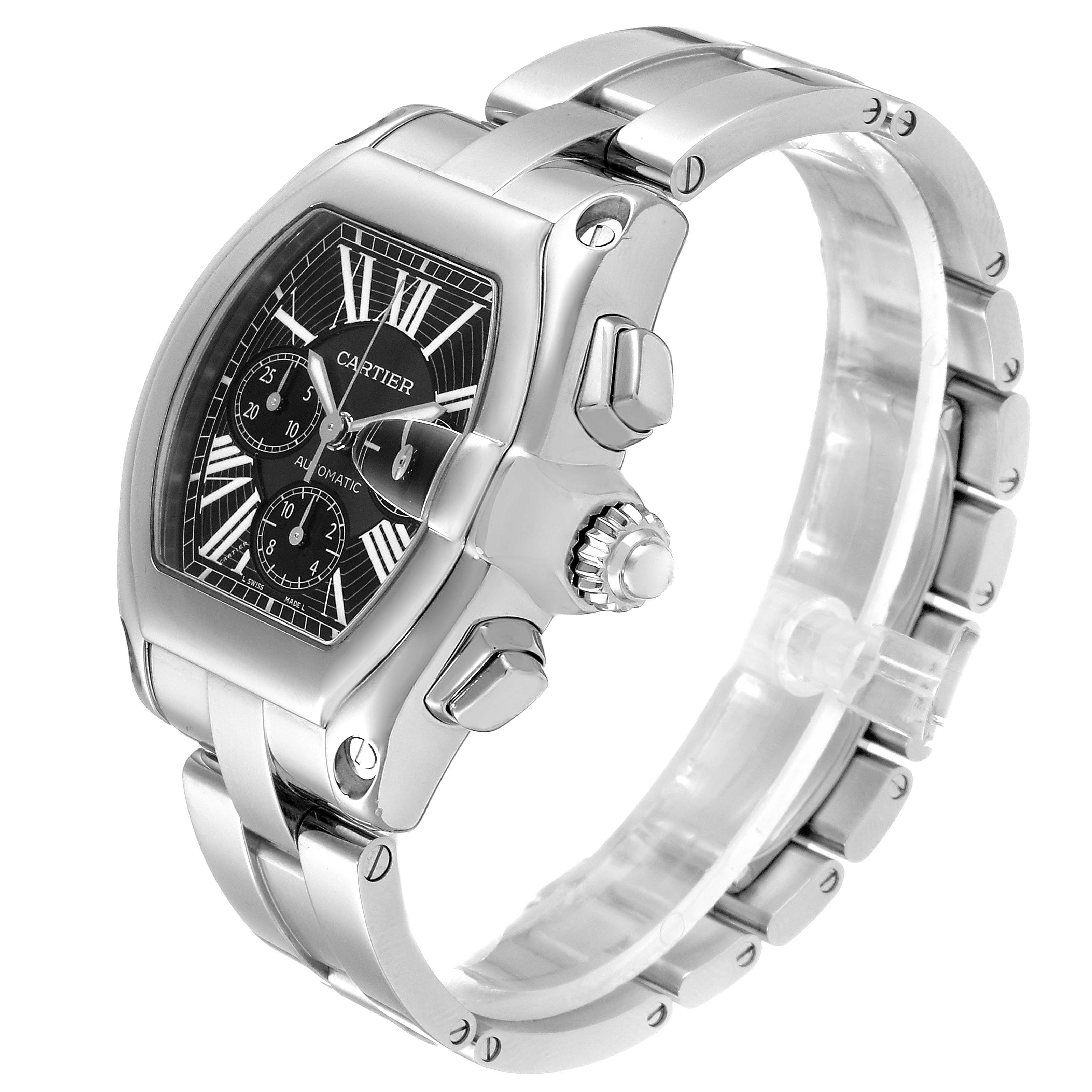 The Cartier Roadster W62020X6 Men's Stainless Steel Black Dial W62020X6 Men's Stainless Steel Black Dial watch is shown from an angled side view highlighting the face, dials, crown, and part of the bracelet.