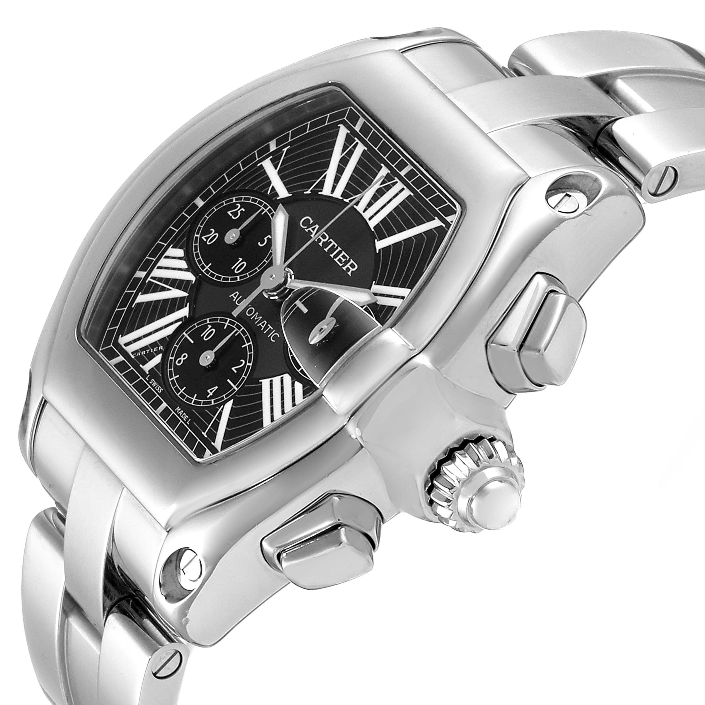 The Cartier Roadster W62020X6 Men's Stainless Steel Black Dial W62020X6 Men's Stainless Steel Black Dial watch is shown at an angle highlighting its black dial, crown, pushers, and stainless steel bracelet.