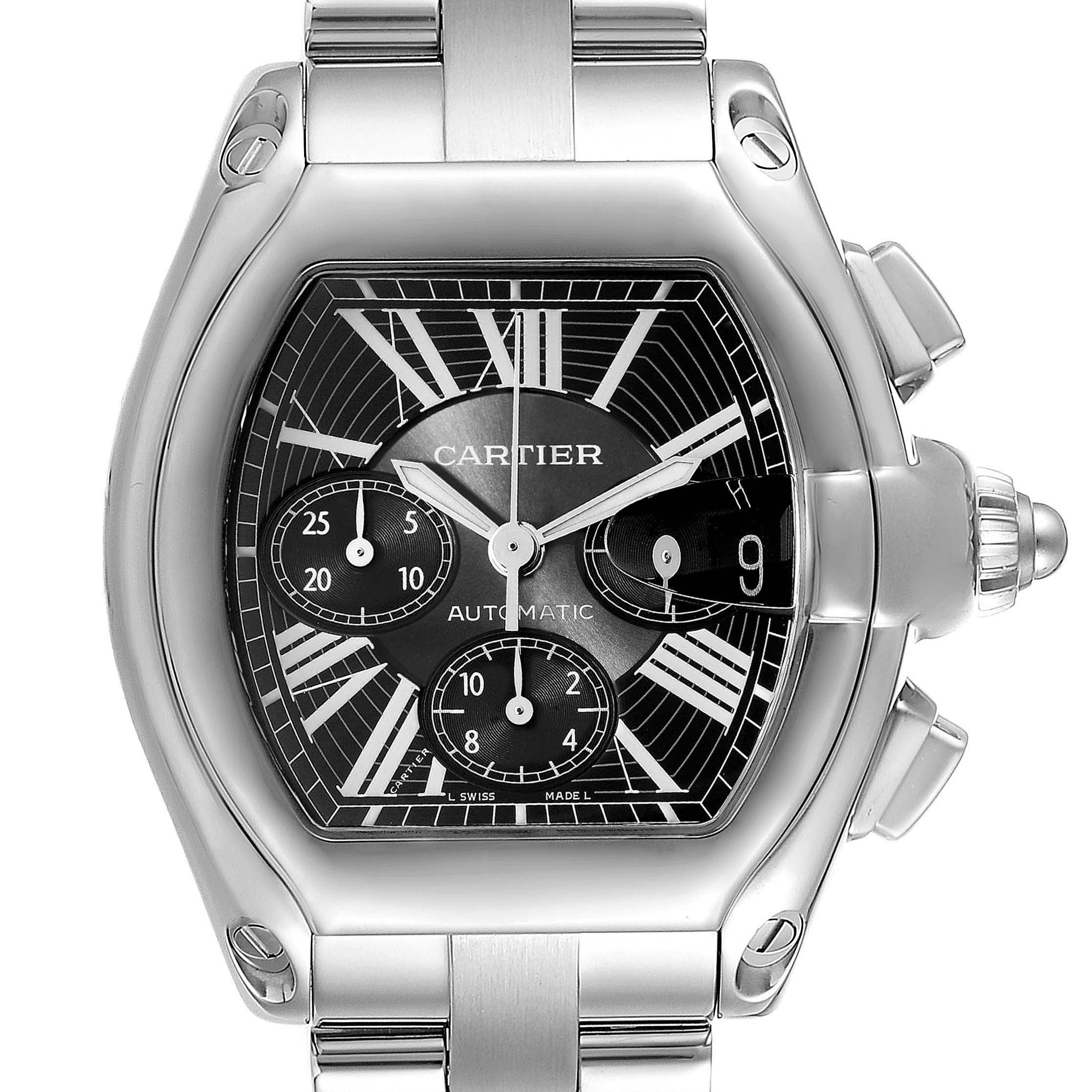 This image showcases the dial, crown, and part of the bracelet of a Cartier Roadster W62020X6 Men's Stainless Steel Black Dial W62020X6 Men's Stainless Steel Black Dial model watch from a front angle.