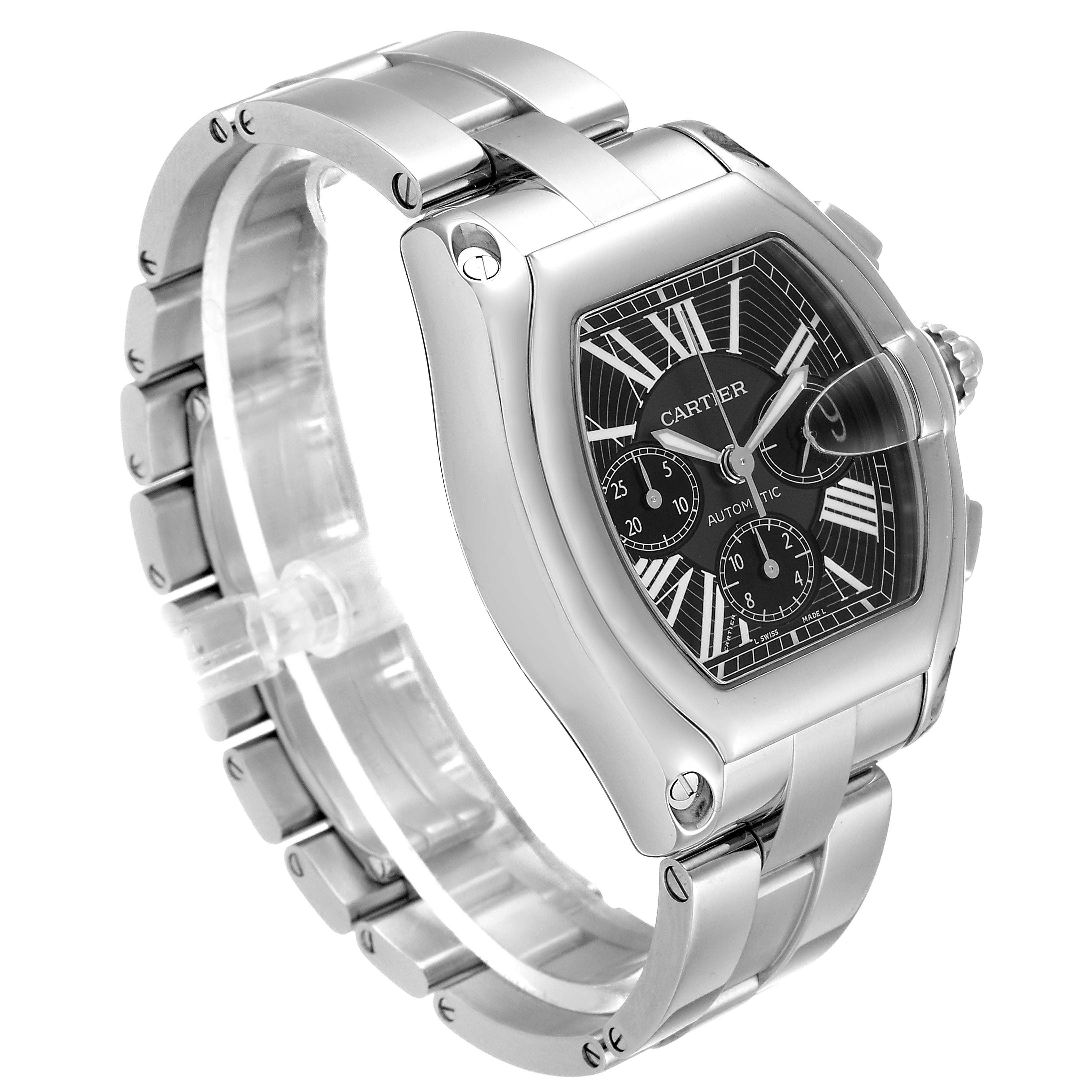 The image shows a Cartier Roadster W62020X6 Men's Stainless Steel Black Dial W62020X6 Men's Stainless Steel Black Dial watch from an angled view, highlighting the face, bezel, and bracelet.