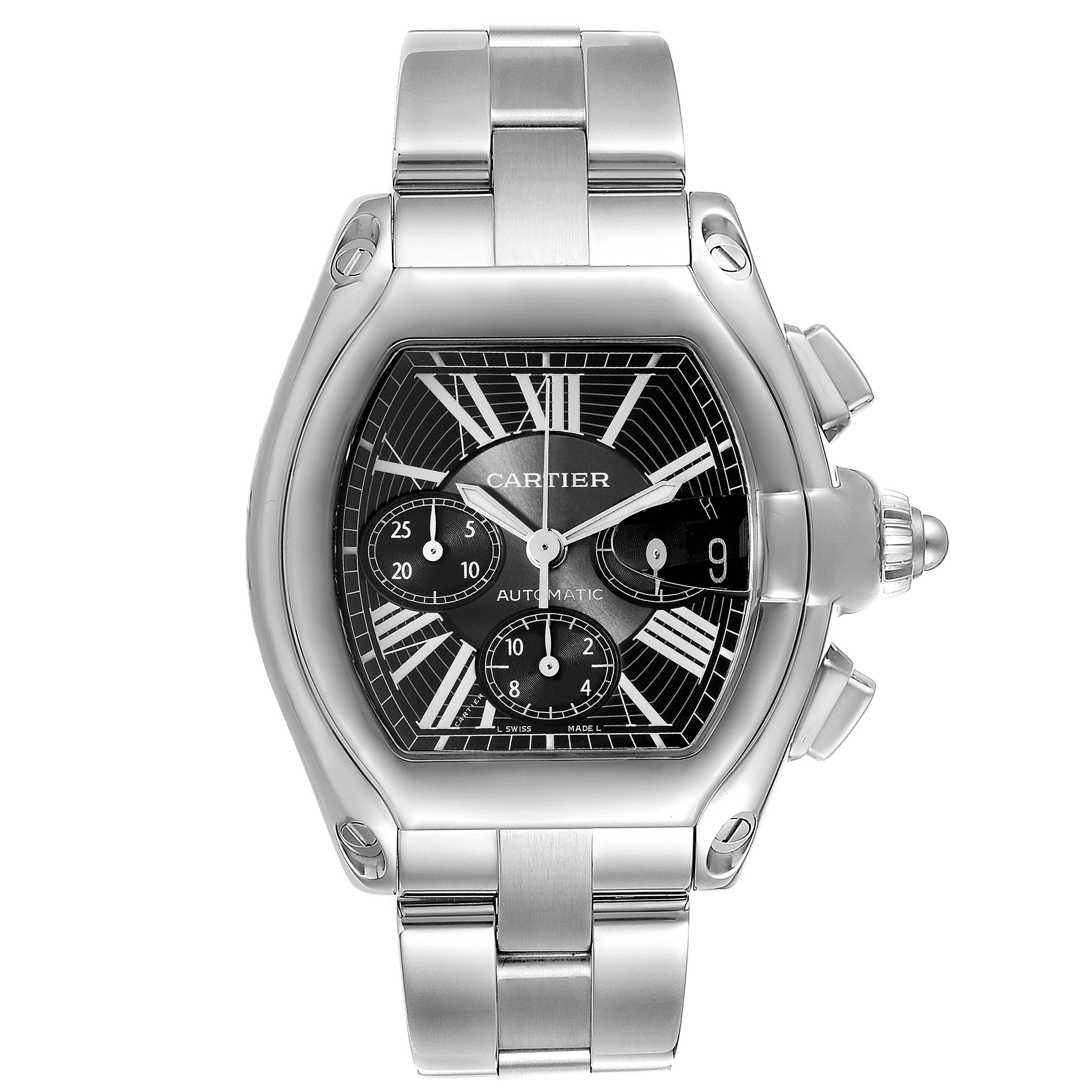 The Cartier Roadster W62020X6 Men's Stainless Steel Black Dial W62020X6 Men's Stainless Steel Black Dial watch is shown from a top-down angle highlighting its dial, case, and metal bracelet.