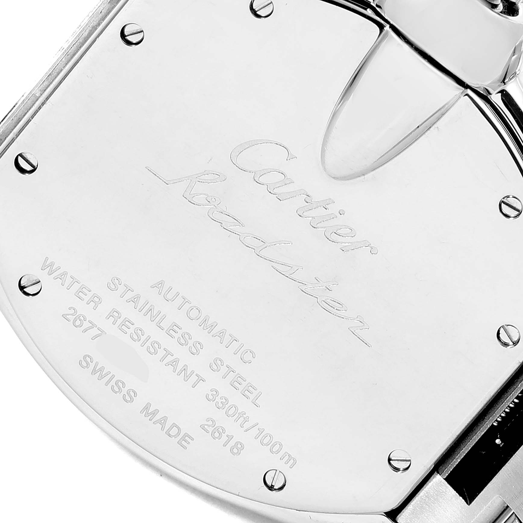 The image shows the back case of the Cartier Roadster W62020X6 Men's Stainless Steel Black Dial W62020X6 Men's Stainless Steel Black Dial watch, displaying engravings and screws.