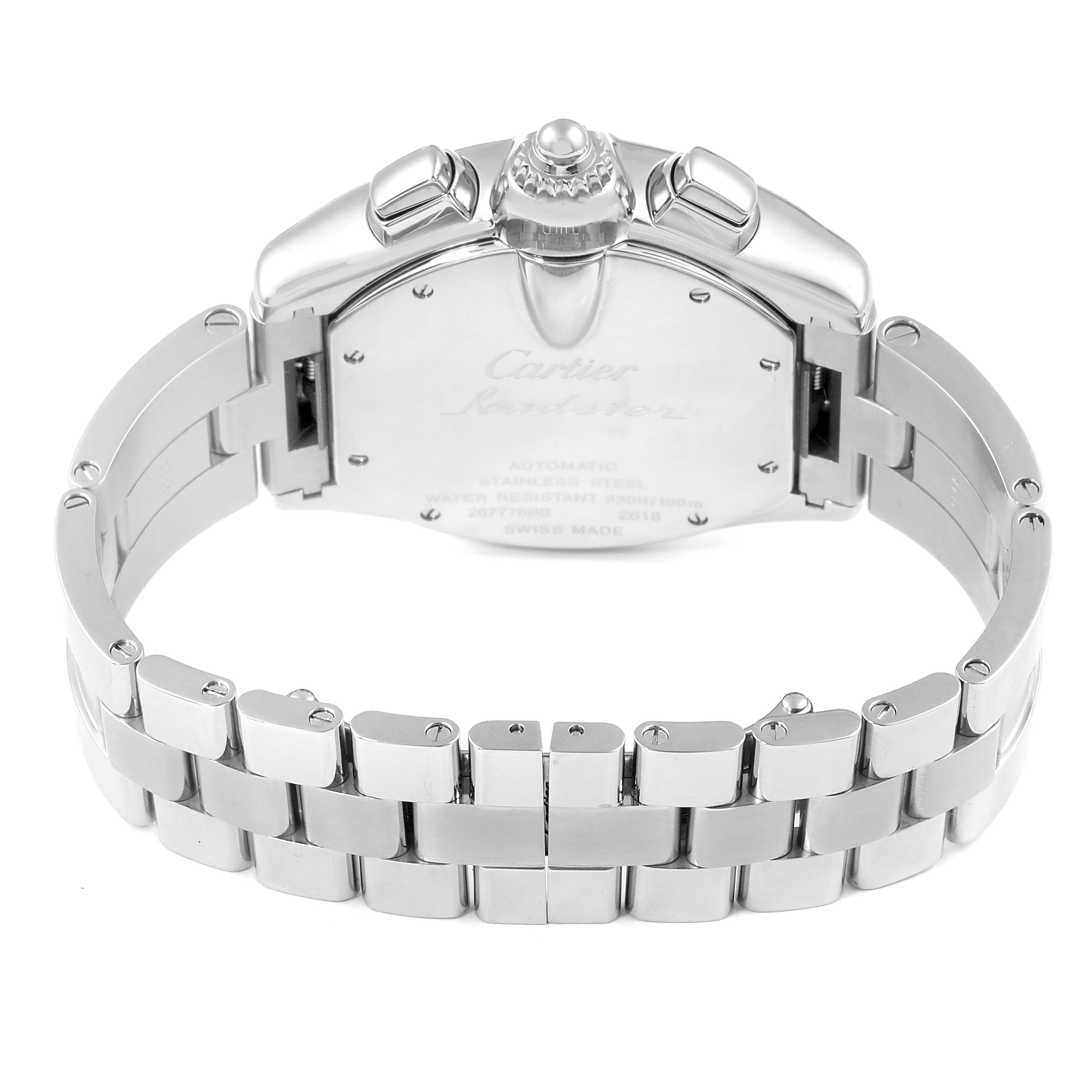 The image shows the back view and bracelet of a Cartier Roadster W62020X6 Men's Stainless Steel Black Dial W62020X6 Men's Stainless Steel Black Dial watch, highlighting the clasp and case back details.