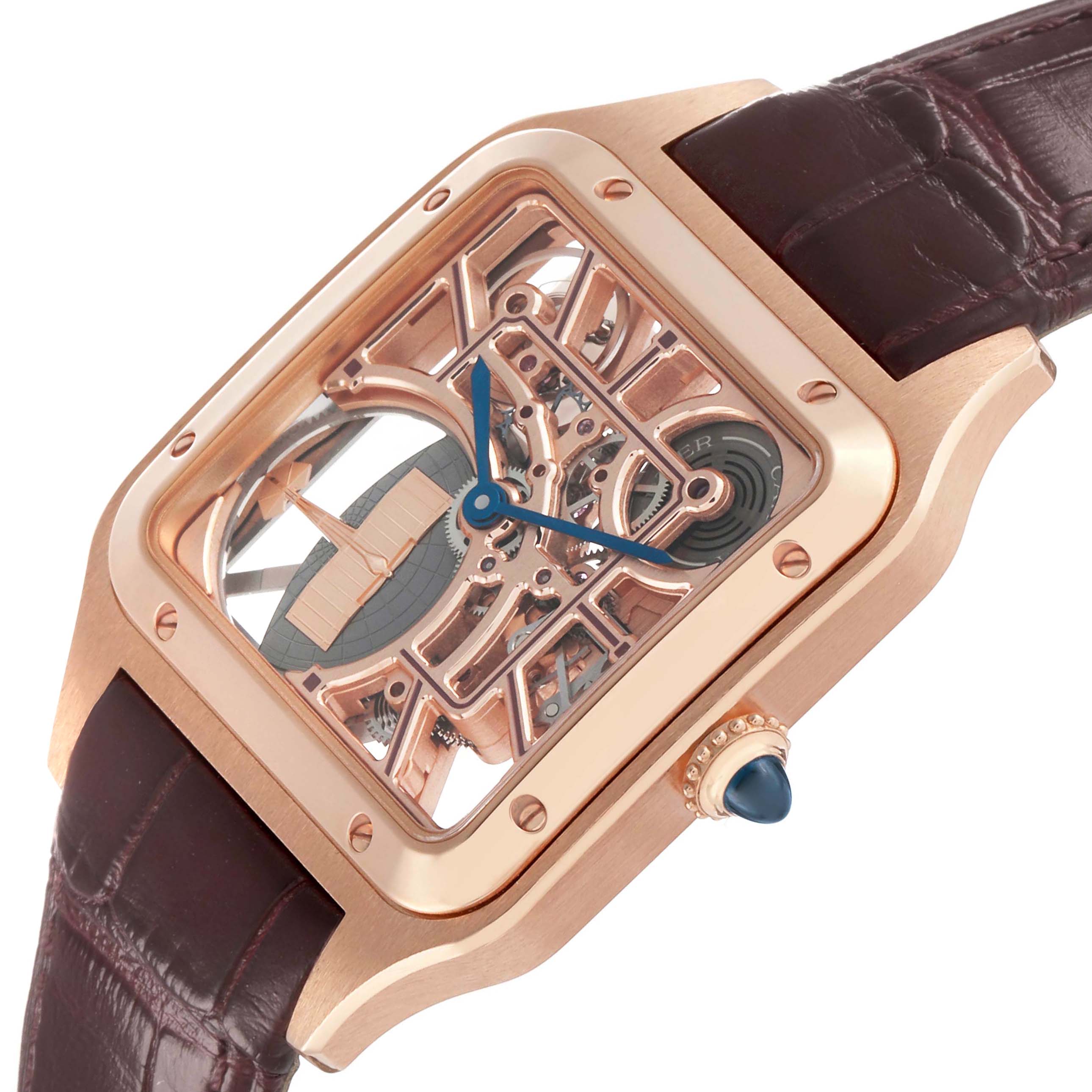 The Cartier Santos Dumont WHSA0030 Men's Rose Gold Transparent Dial watch is shown at an angle displaying its skeleton dial, rose gold case, and dark strap.