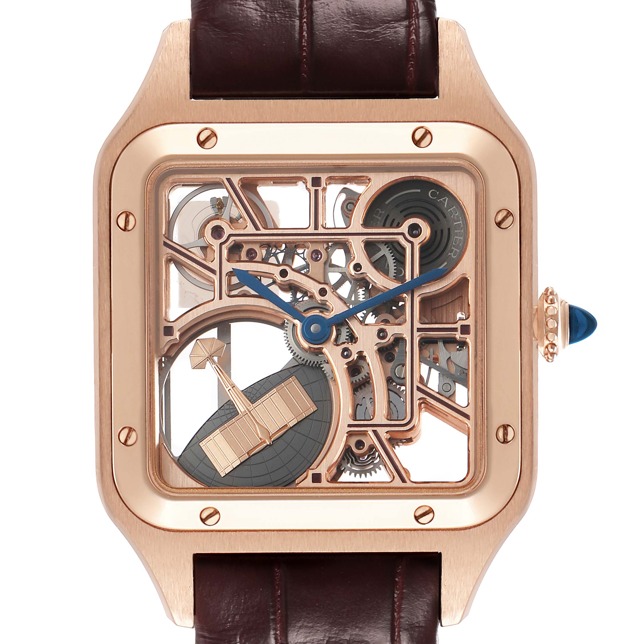 The Cartier Santos Dumont WHSA0030 Men's Rose Gold Transparent Dial watch is shown from a frontal angle, highlighting its skeleton dial and visible gears.
