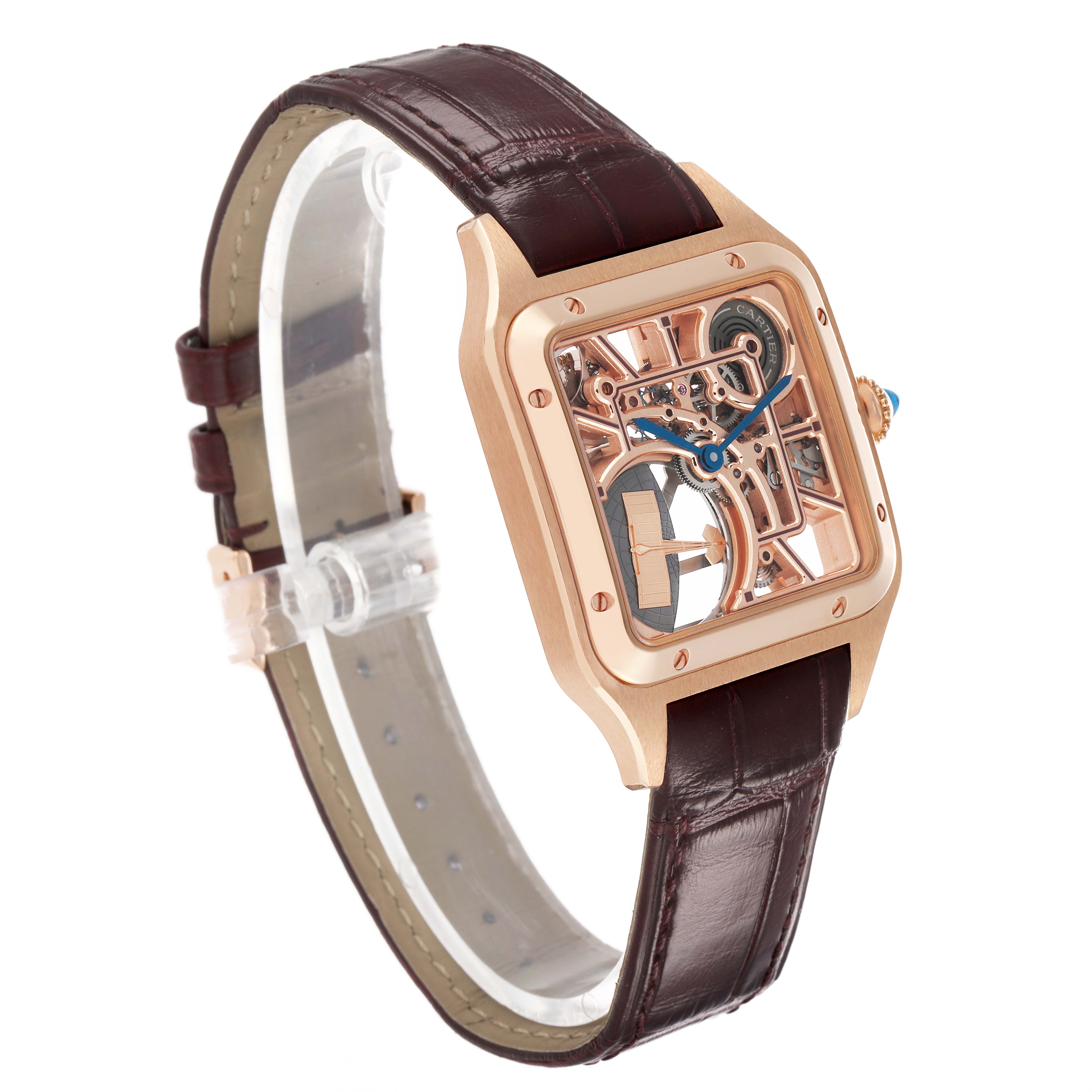 The Cartier Santos Dumont WHSA0030 Men's Rose Gold Transparent Dial watch is shown at a three-quarter angle, highlighting its rose gold case, skeleton dial, and leather strap.