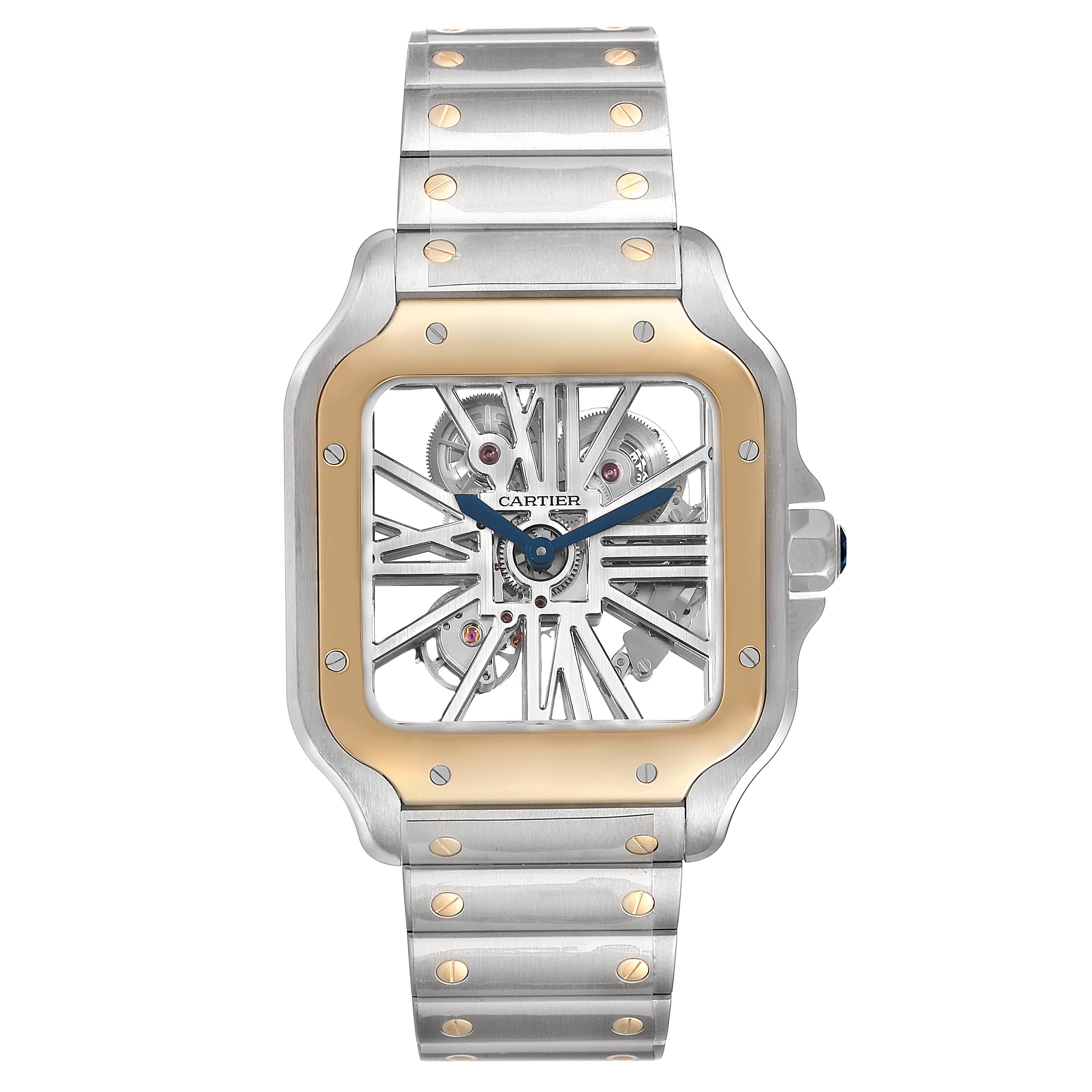 The image shows a frontal view of a Cartier Santos WHSA0019 Men's Steel and Gold (two tone) Transparent Dial WHSA0019 Men's Steel and Gold (two tone) Transparent Dial watch, highlighting its skeleton dial and two-tone bracelet.