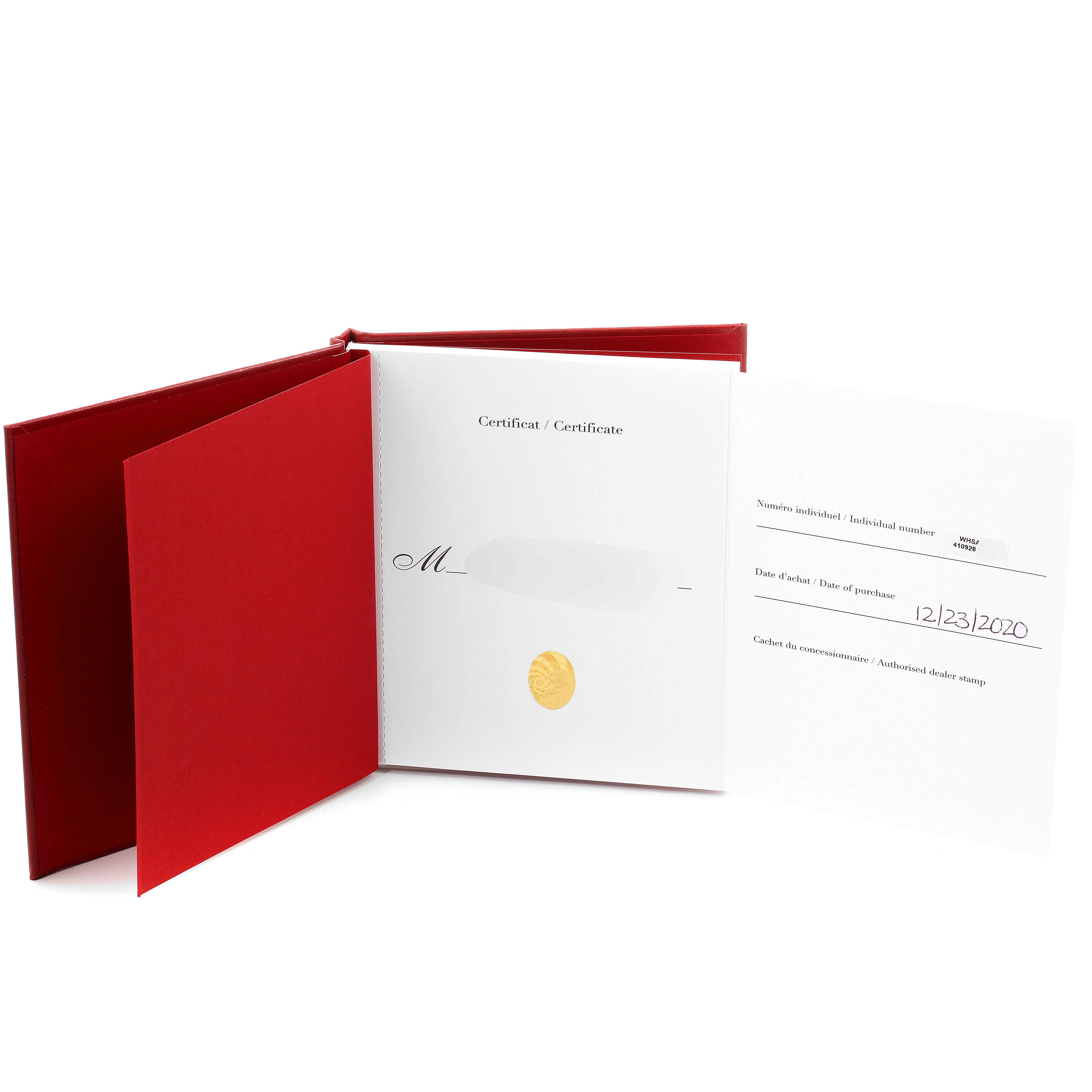 The image shows an open certificate booklet for a Cartier Santos WHSA0019 Men's Steel and Gold (two tone) Transparent Dial WHSA0019 Men's Steel and Gold (two tone) Transparent Dial watch, highlighting the purchase date and individual number.