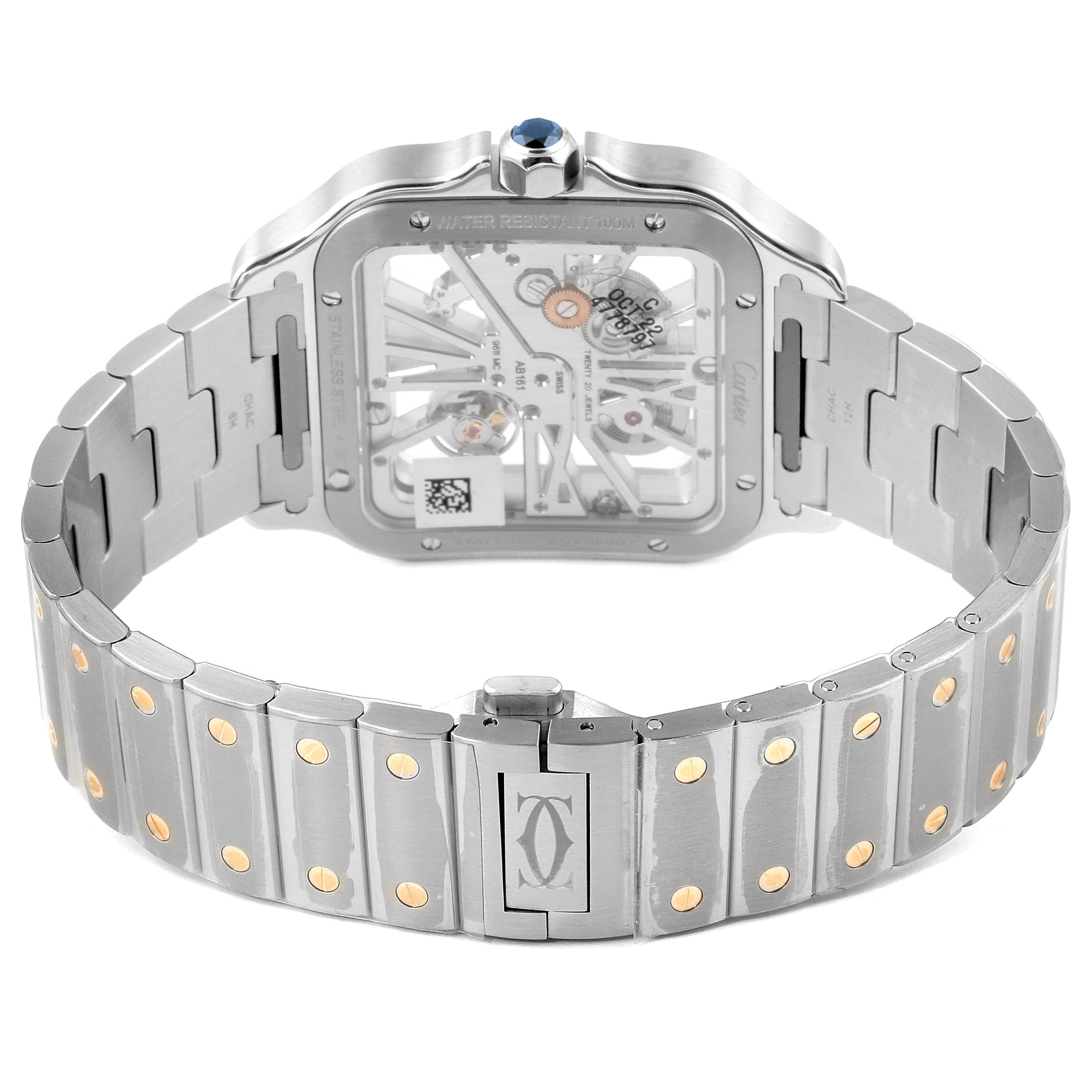 This image shows the back view of a Cartier Santos WHSA0019 Men's Steel and Gold (two tone) Transparent Dial WHSA0019 Men's Steel and Gold (two tone) Transparent Dial model watch, highlighting its stainless steel bracelet and transparent case back.
