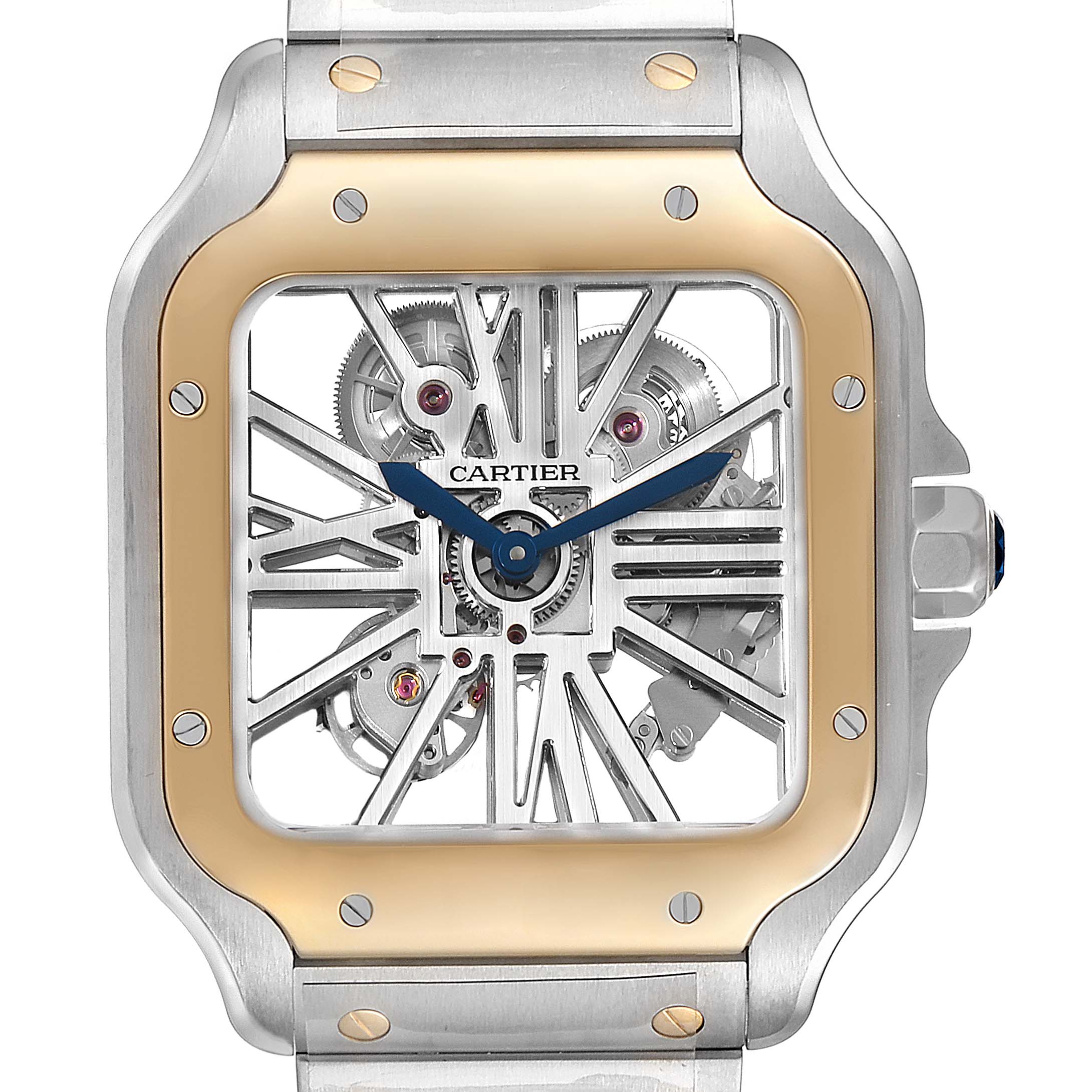 This image shows a close-up front view of a Cartier Santos WHSA0019 Men's Steel and Gold (two tone) Transparent Dial WHSA0019 Men's Steel and Gold (two tone) Transparent Dial watch, highlighting its dial, hands, and visible mechanical movement.