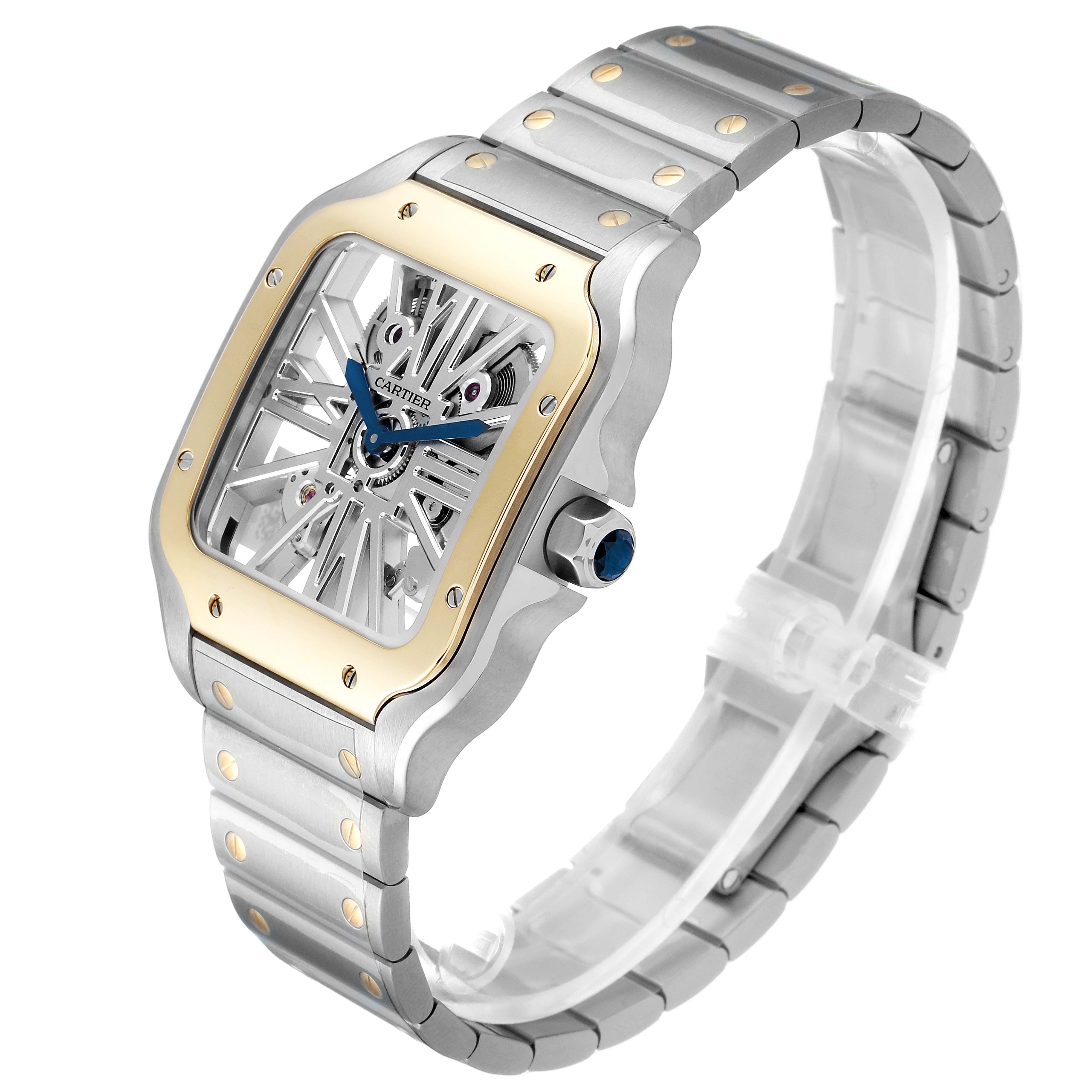 The Santos model by Cartier is shown at a three-quarter angle, highlighting its skeleton dial, stainless steel bracelet, and gold bezel.