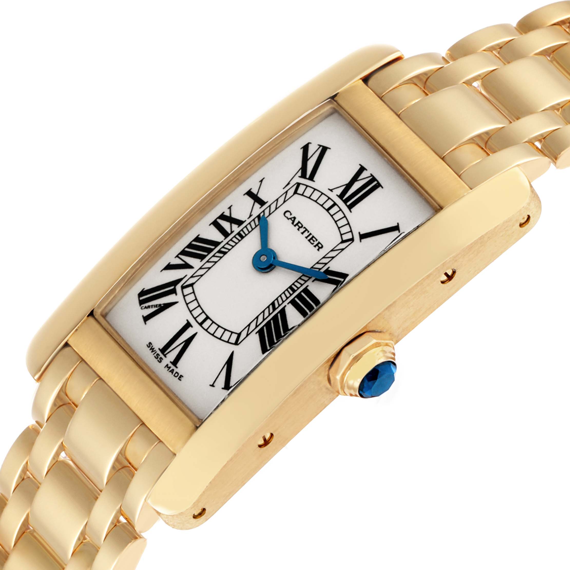 The Cartier Tank Américaine watch is shown at an angled side view, highlighting the rectangular case, crown with blue cabochon, and bracelet.