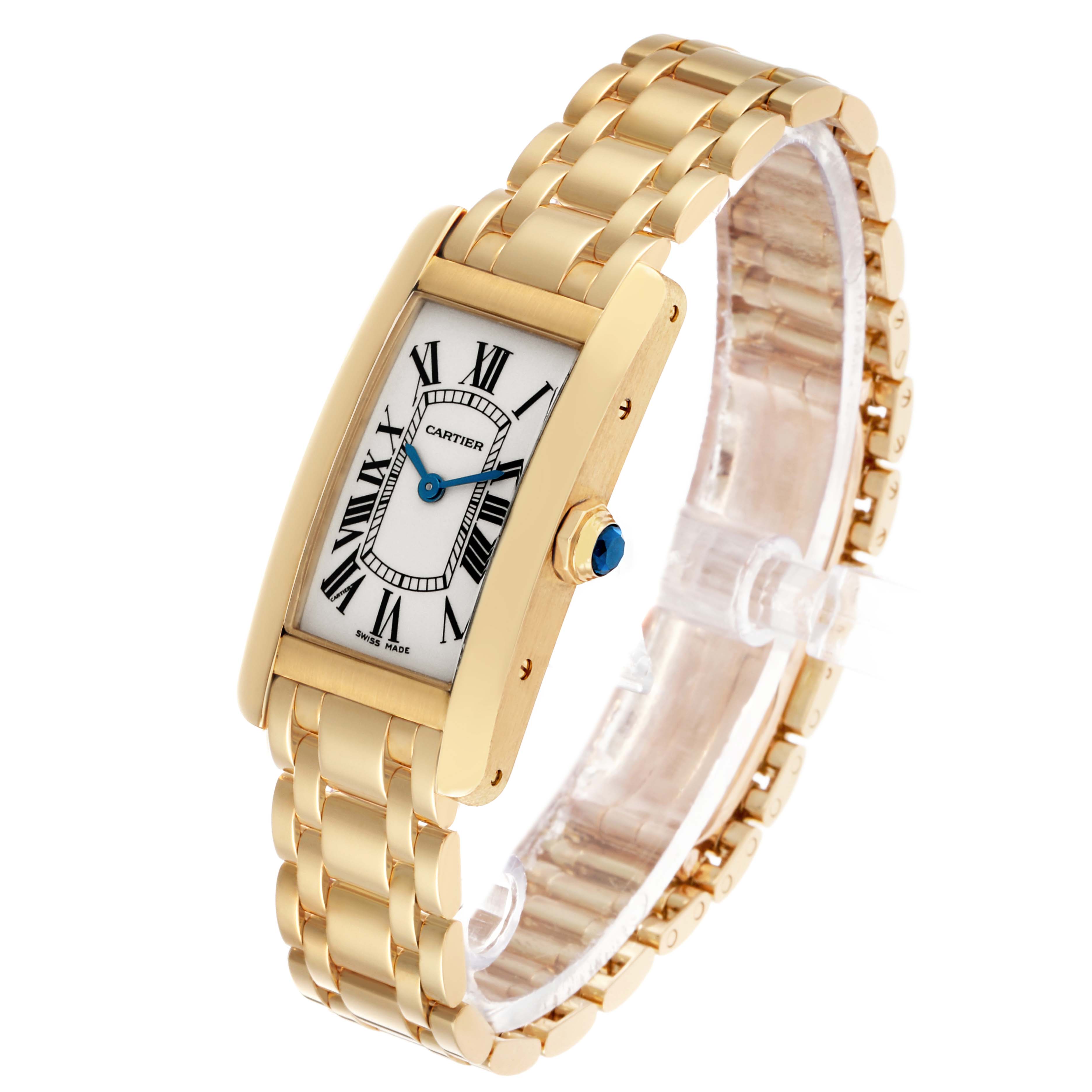 The Cartier Tank Américaine watch is shown from a three-quarter angle highlighting its rectangular face and gold bracelet.