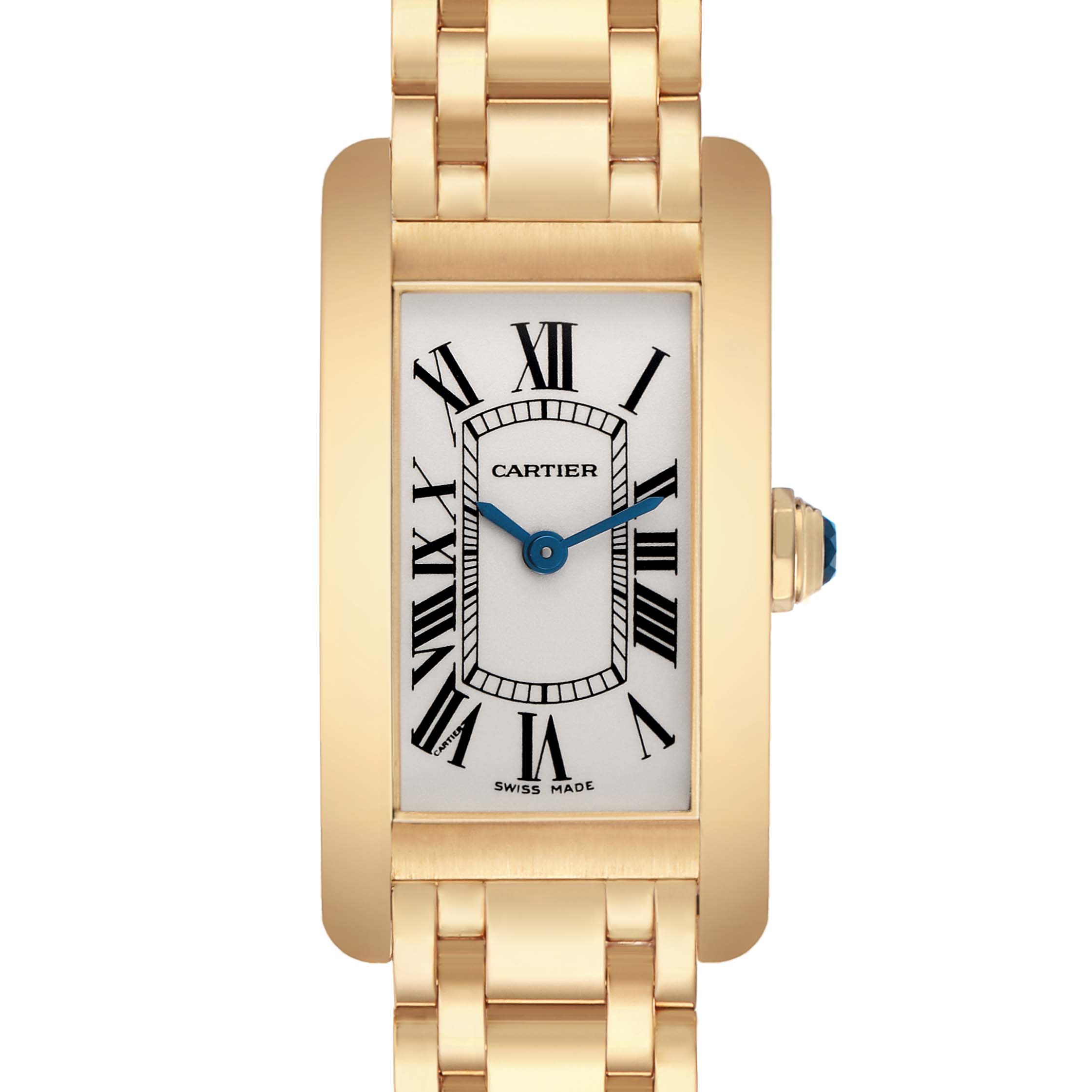 The Cartier Tank Americaine W26015K2 Women's Yellow Gold Silver Dial watch is shown front-facing, highlighting its rectangular case, Roman numerals, and gold bracelet.
