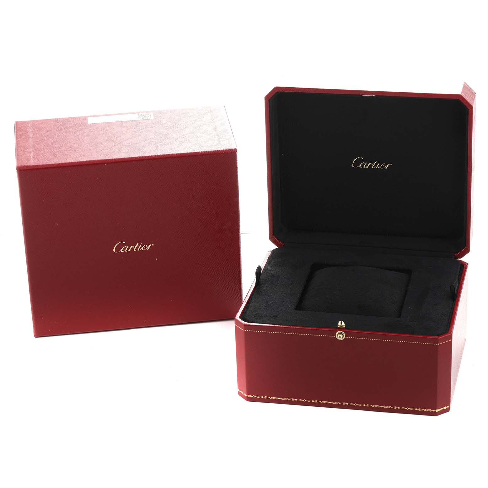 The image shows the red packaging and open display box for the Cartier Tank Americaine W26015K2 Women's Yellow Gold Silver Dial watch.