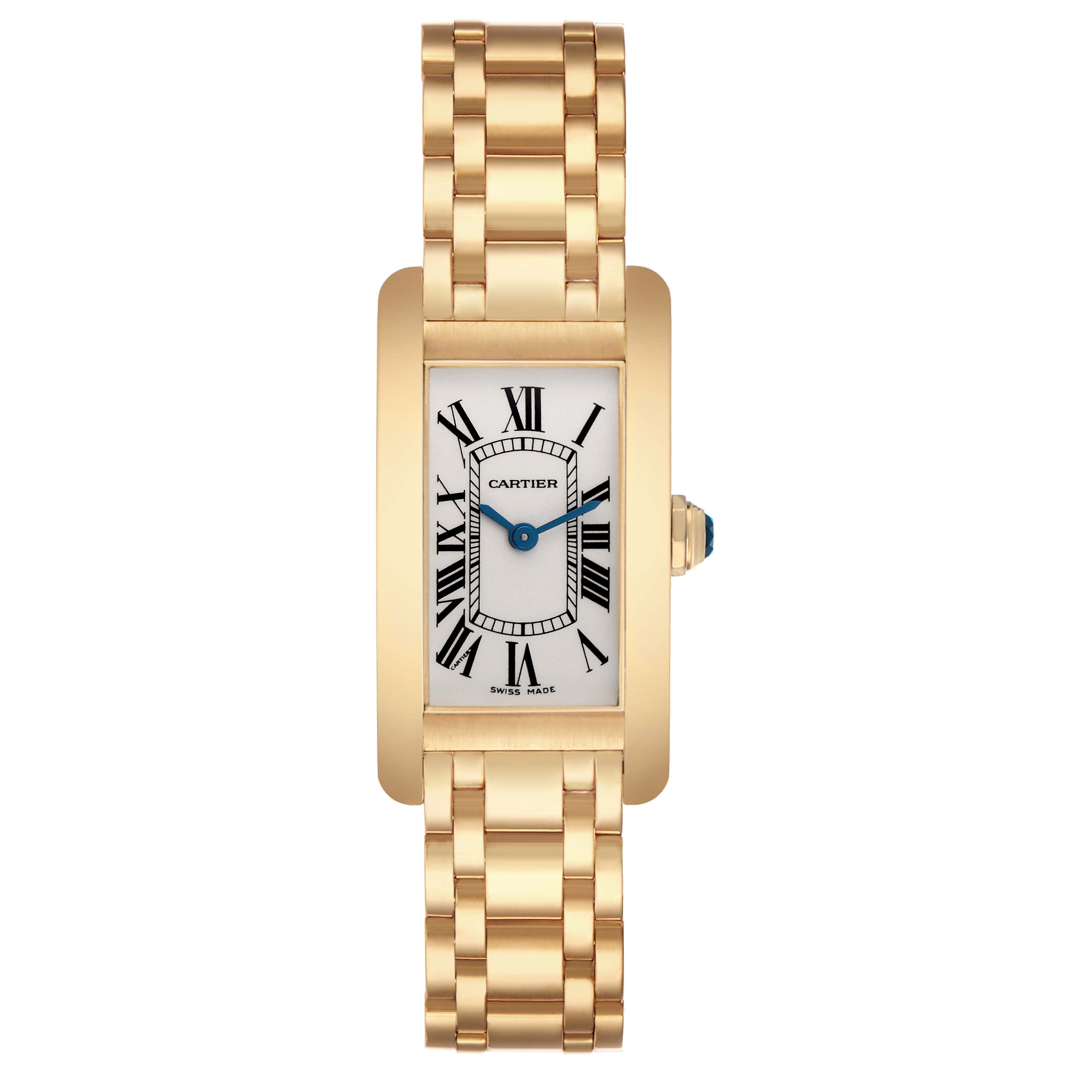 The Cartier Tank Americaine W26015K2 Women's Yellow Gold Silver Dial watch is shown in a front view, displaying its face, Roman numerals, and gold bracelet.