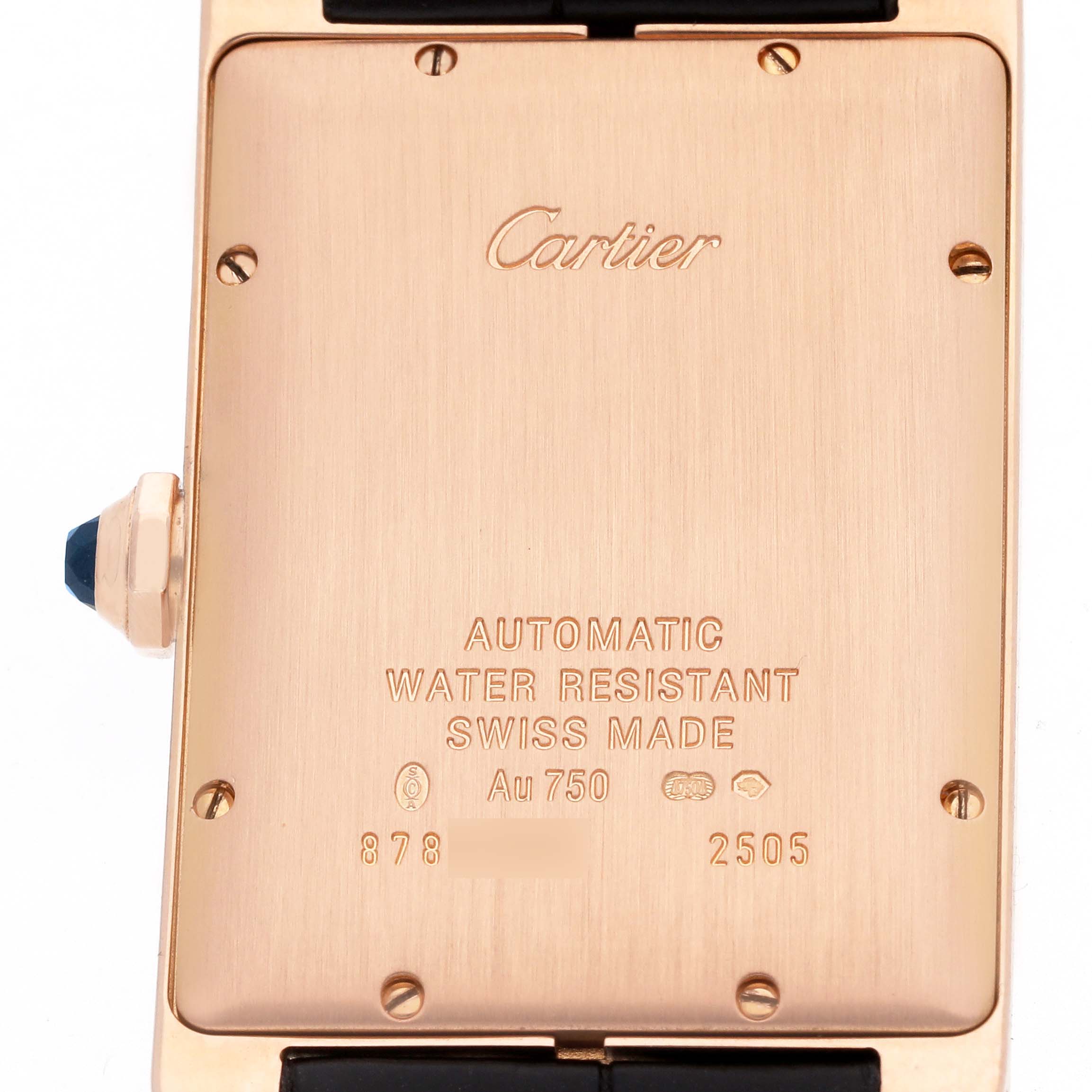 The image shows the back of a Cartier Tank Americaine W2609156 Men's Rose Gold Silver Dial watch, highlighting engravings and the side crown.