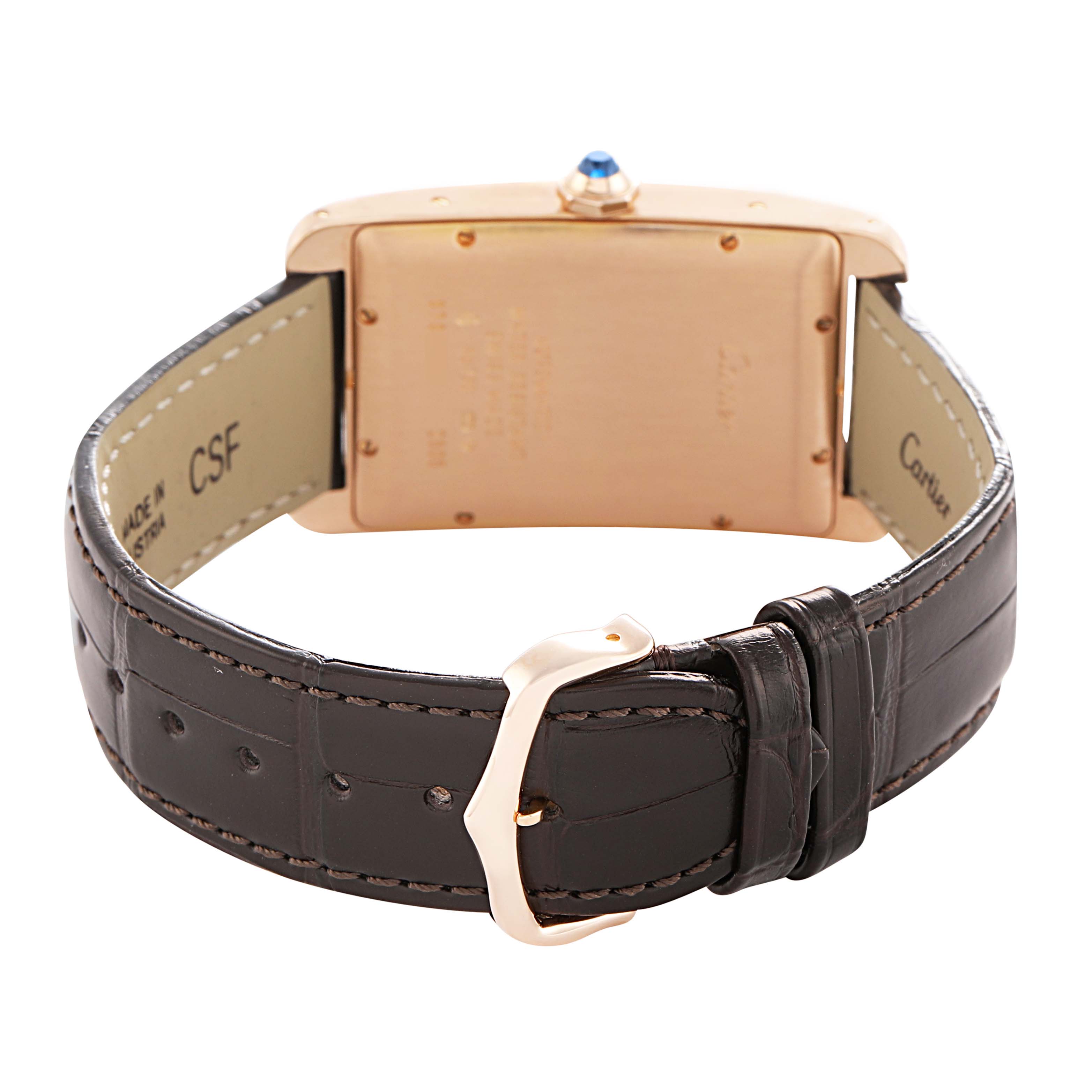 The image shows the back view of the Cartier Tank Americaine W2609156 Men's Rose Gold Silver Dial watch, highlighting the case back and brown leather strap with a buckle.