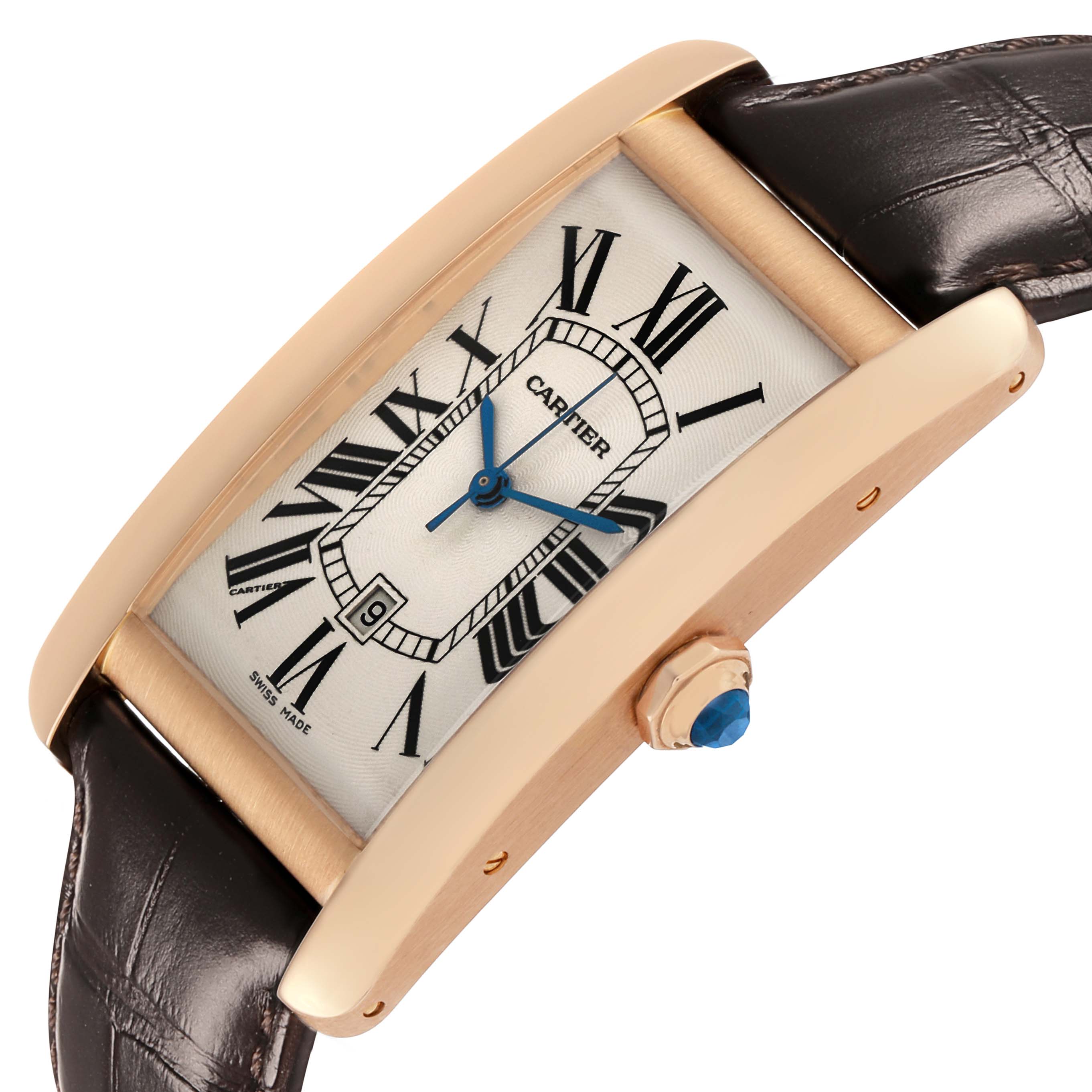 The Cartier Tank Americaine W2609156 Men's Rose Gold Silver Dial watch is shown at an angled side view, highlighting the case, dial, crown, and leather strap.