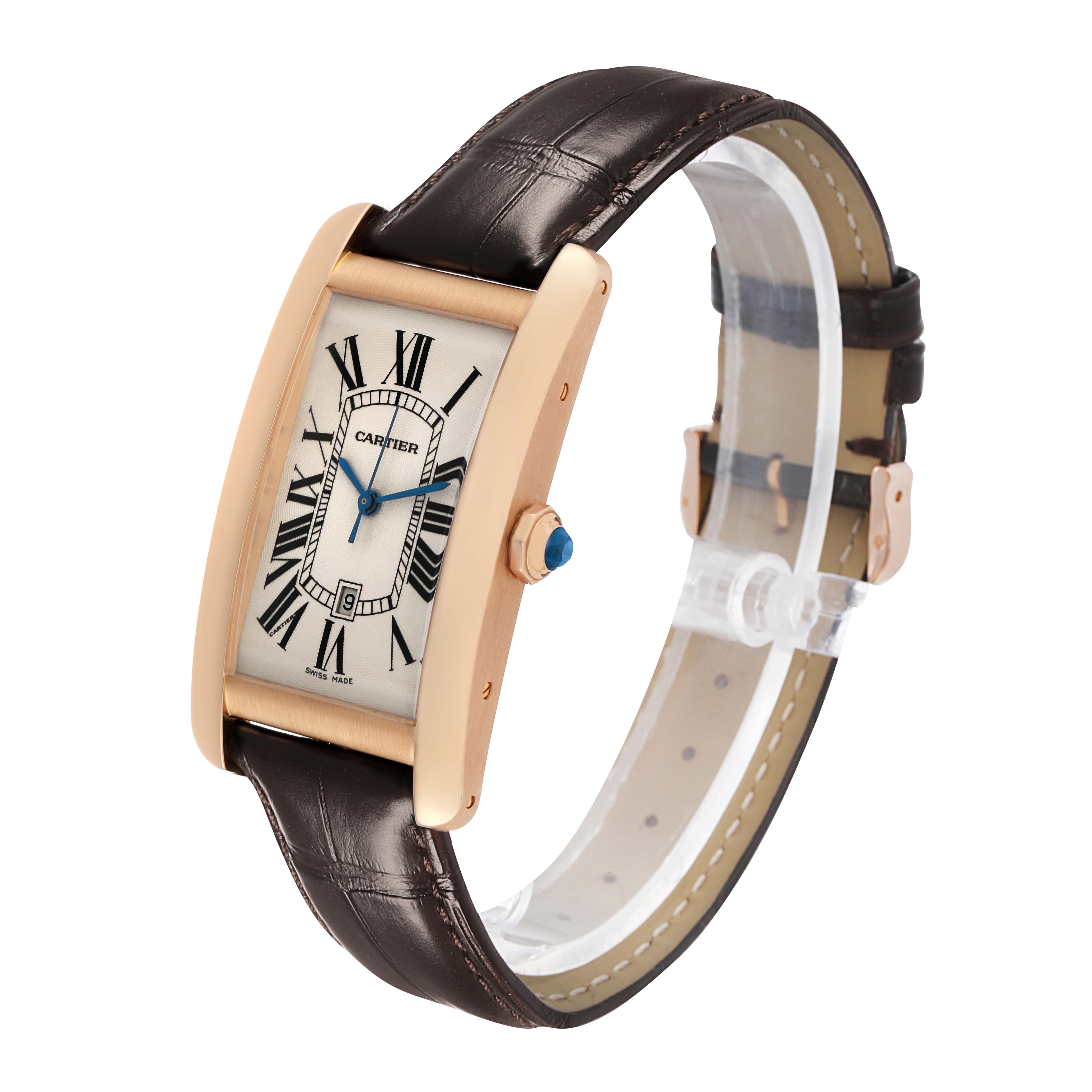 The Cartier Tank Americaine W2609156 Men's Rose Gold Silver Dial watch is shown at a three-quarter angle, displaying the face, crown, and leather strap.