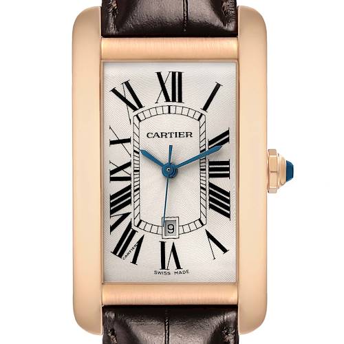 The Cartier Tank Americaine W2609156 Men's Rose Gold Silver Dial watch is shown from the front, highlighting its rectangular face, Roman numerals, and leather strap.
