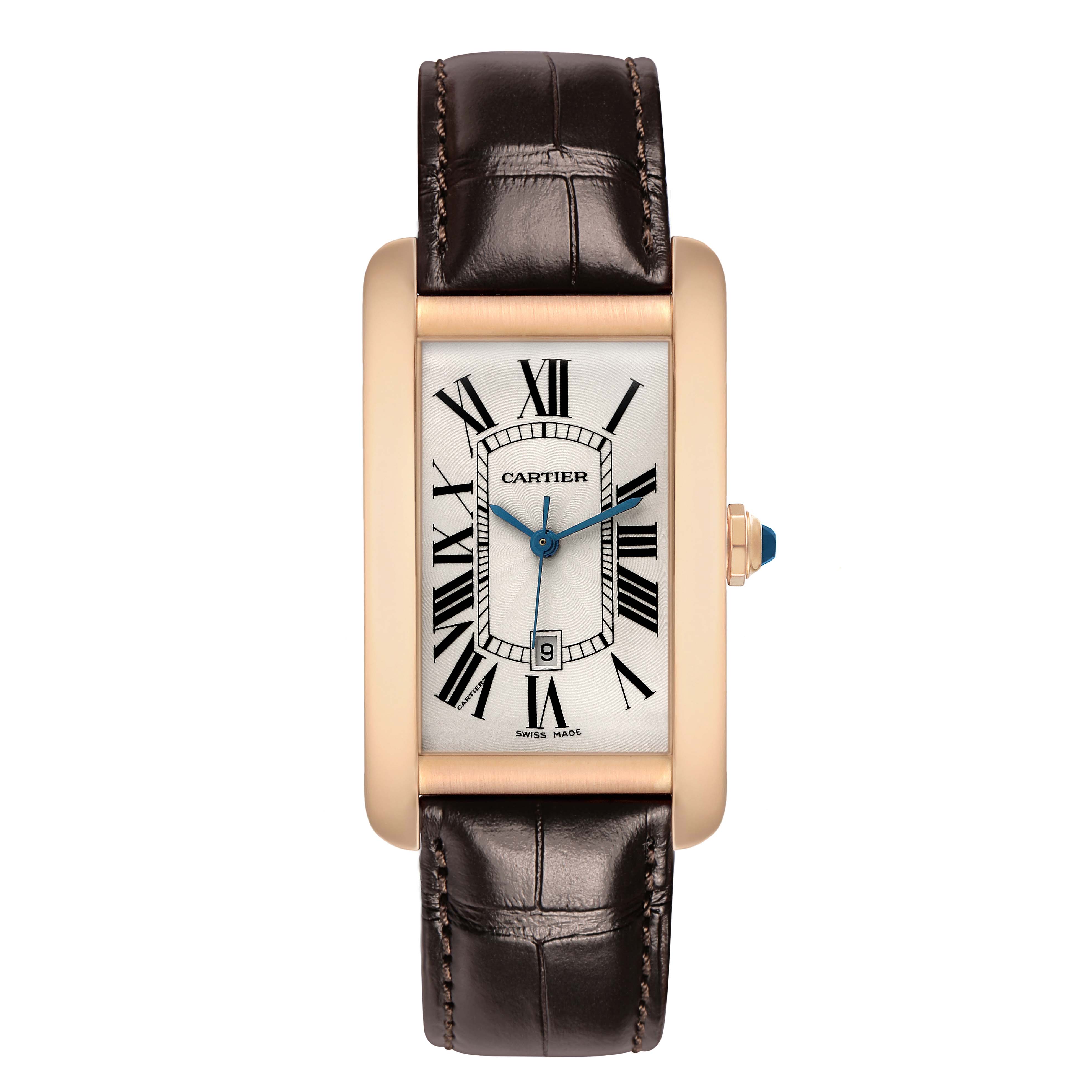 The Cartier Tank Americaine W2609156 Men's Rose Gold Silver Dial watch is shown from a top view, displaying the face, Roman numerals, hands, and brown leather strap.