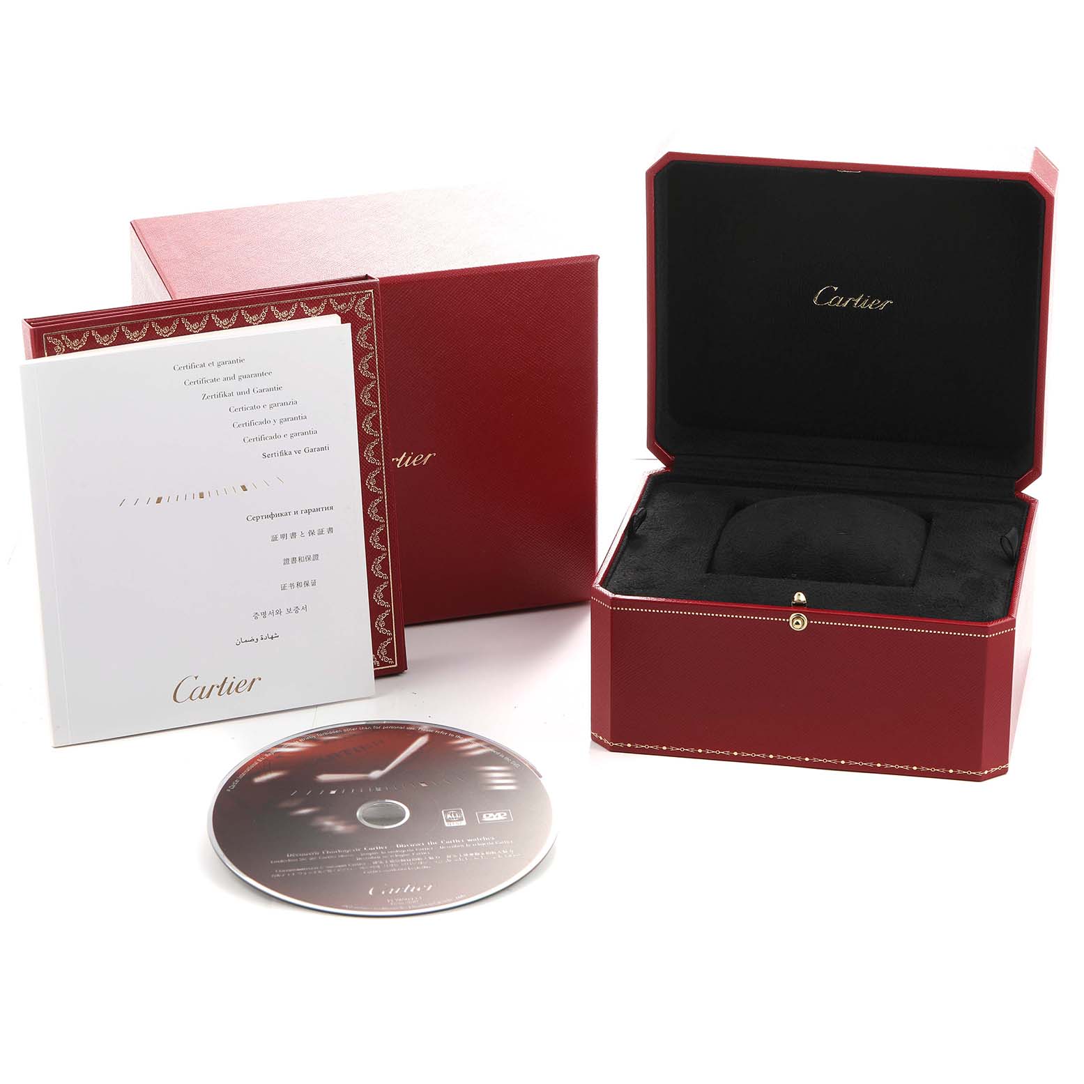 The image shows Cartier Tank Americaine W2609156 Men's Rose Gold Silver Dial packaging, including a box, certificate booklet, and a CD.