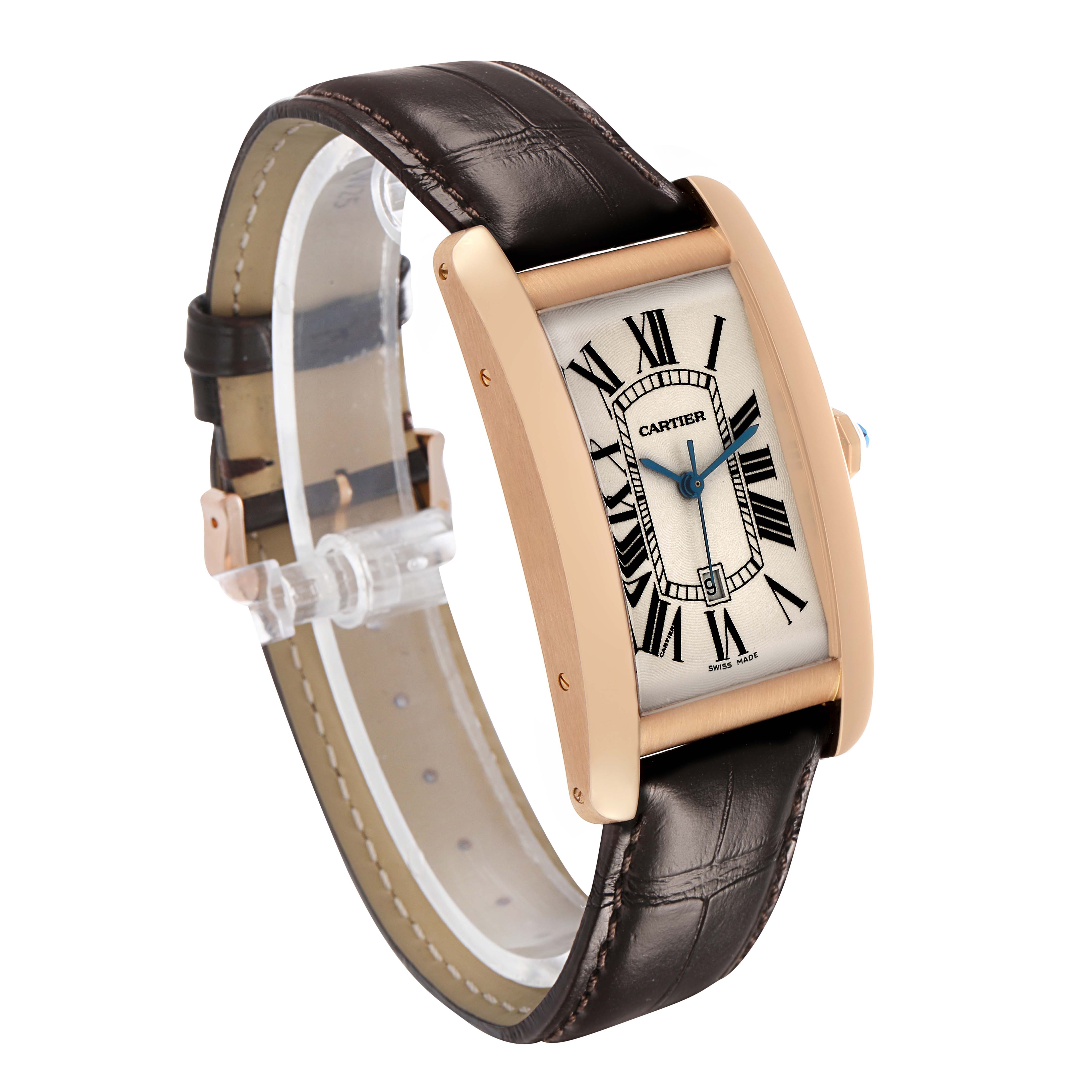 The Cartier Tank Américaine watch is shown at a three-quarter angle, highlighting its rectangular face, Roman numerals, and leather strap.