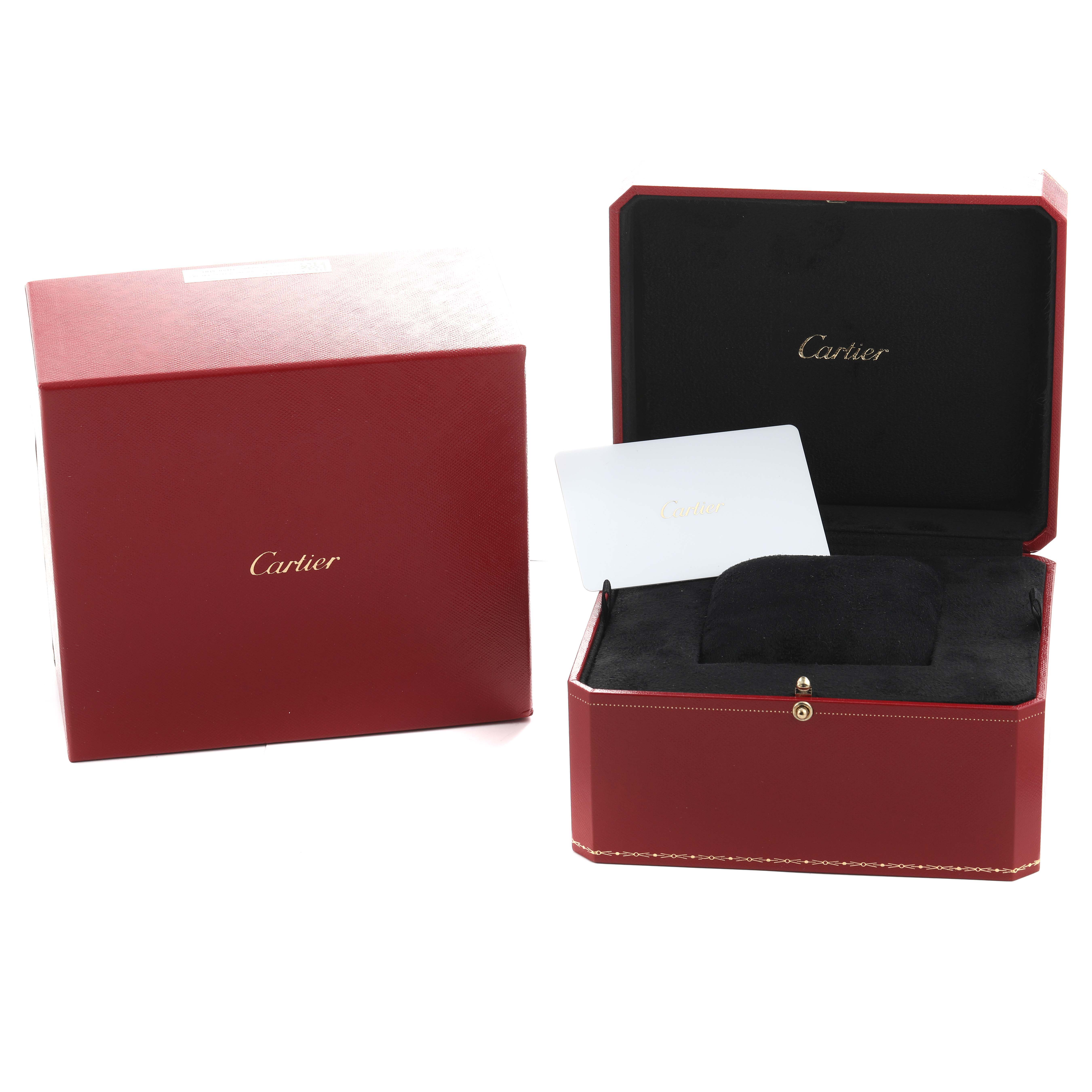 The image shows an open Cartier Tank Américaine box and a closed one, along with a certificate card inside.
