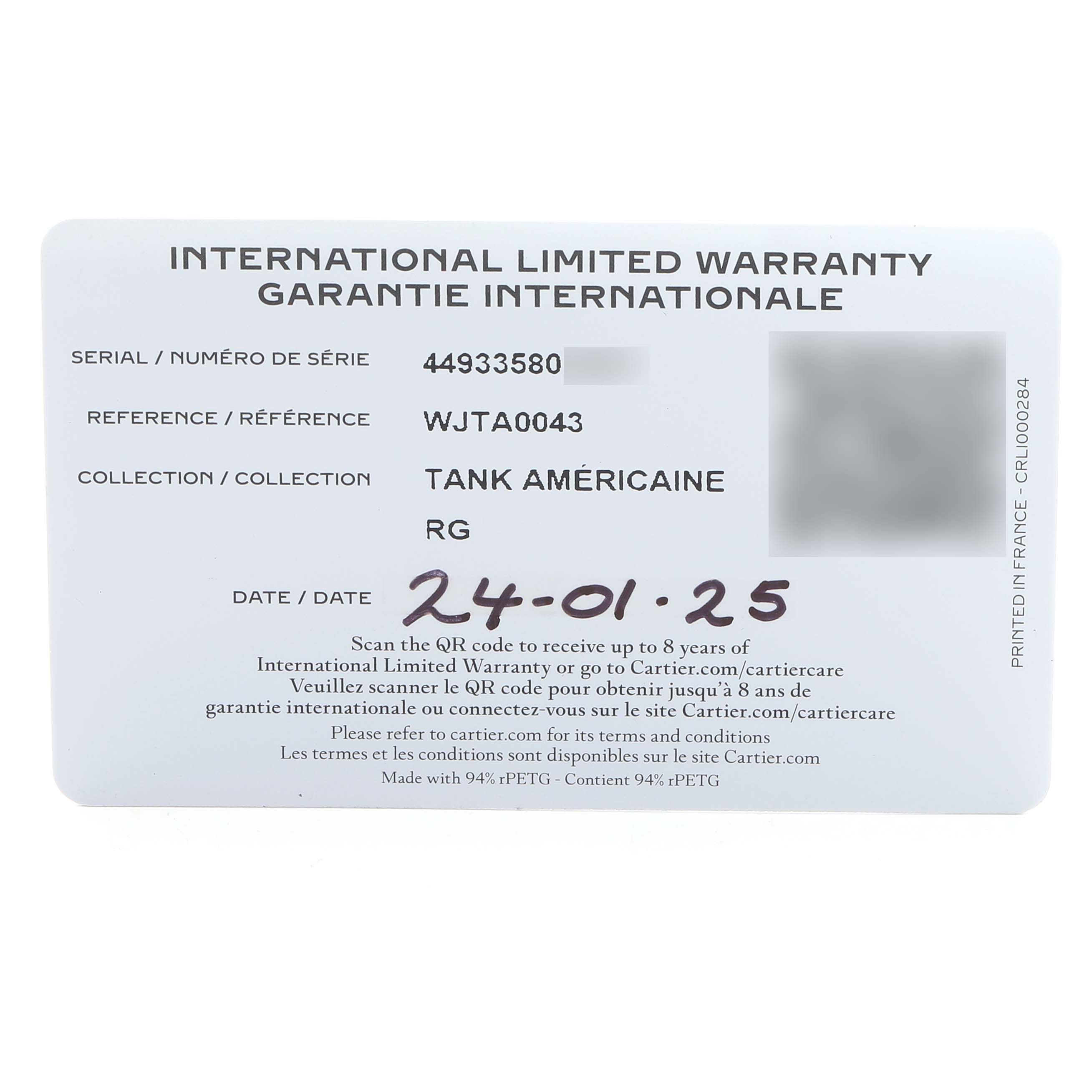 This image shows an International Limited Warranty card for a Cartier Tank Américaine watch.