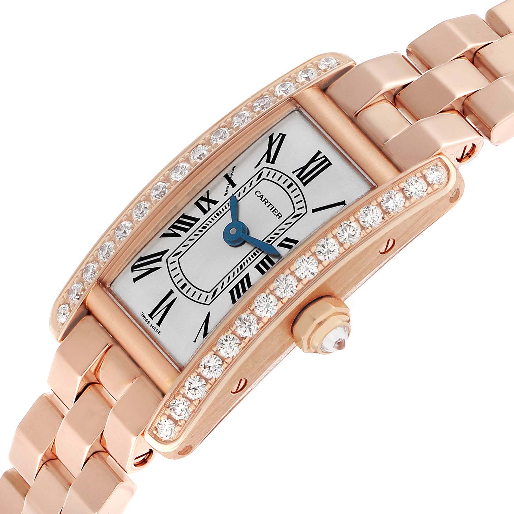 The Cartier Tank Americaine WJTA0043 Men's Rose Gold Silver Dial watch is shown at an angle, highlighting the diamond-set bezel, Roman numeral dial, and bracelet.