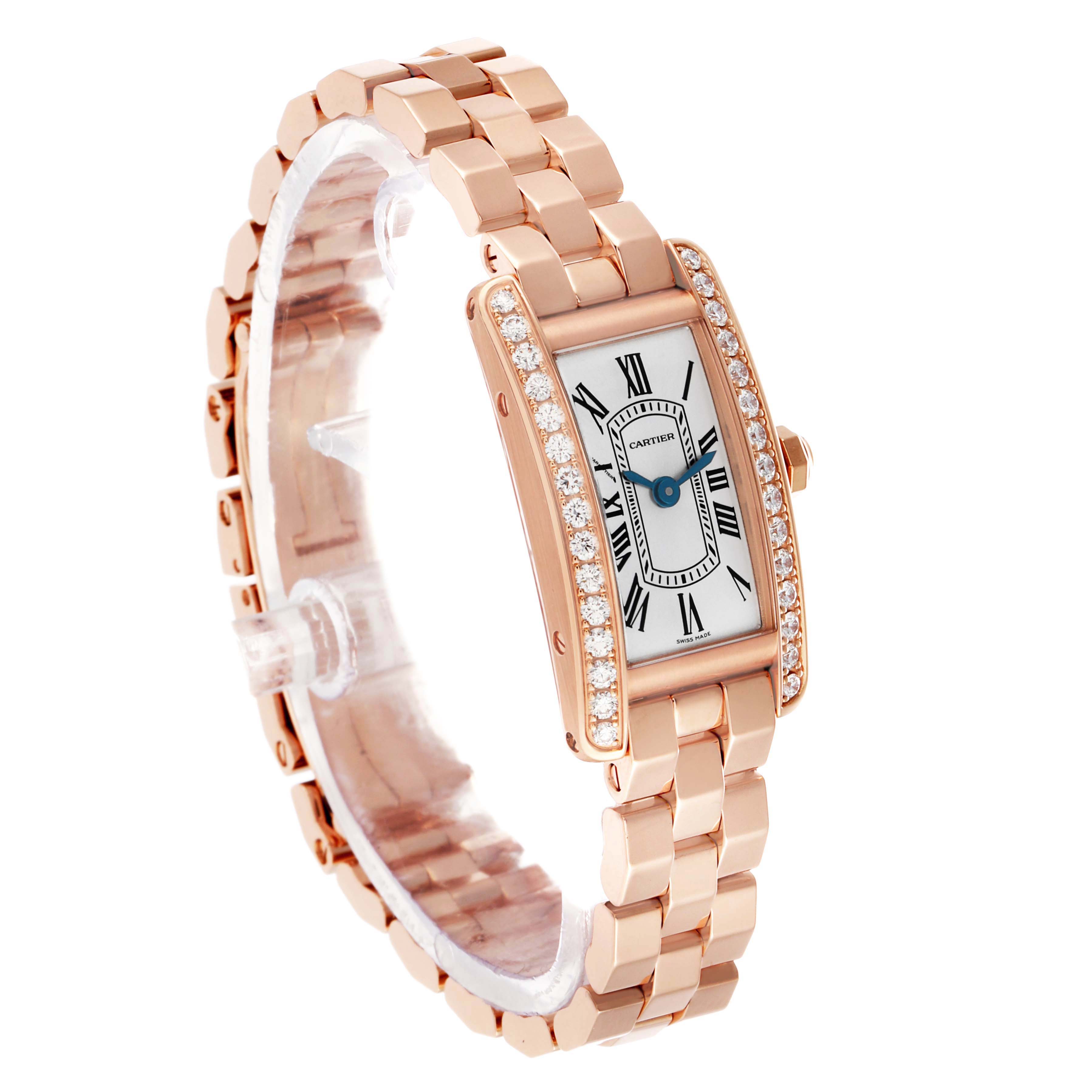 The Cartier Tank Americaine WJTA0043 Men's Rose Gold Silver Dial watch is shown at a slight angle, highlighting the face, bracelet, and diamond-set case.