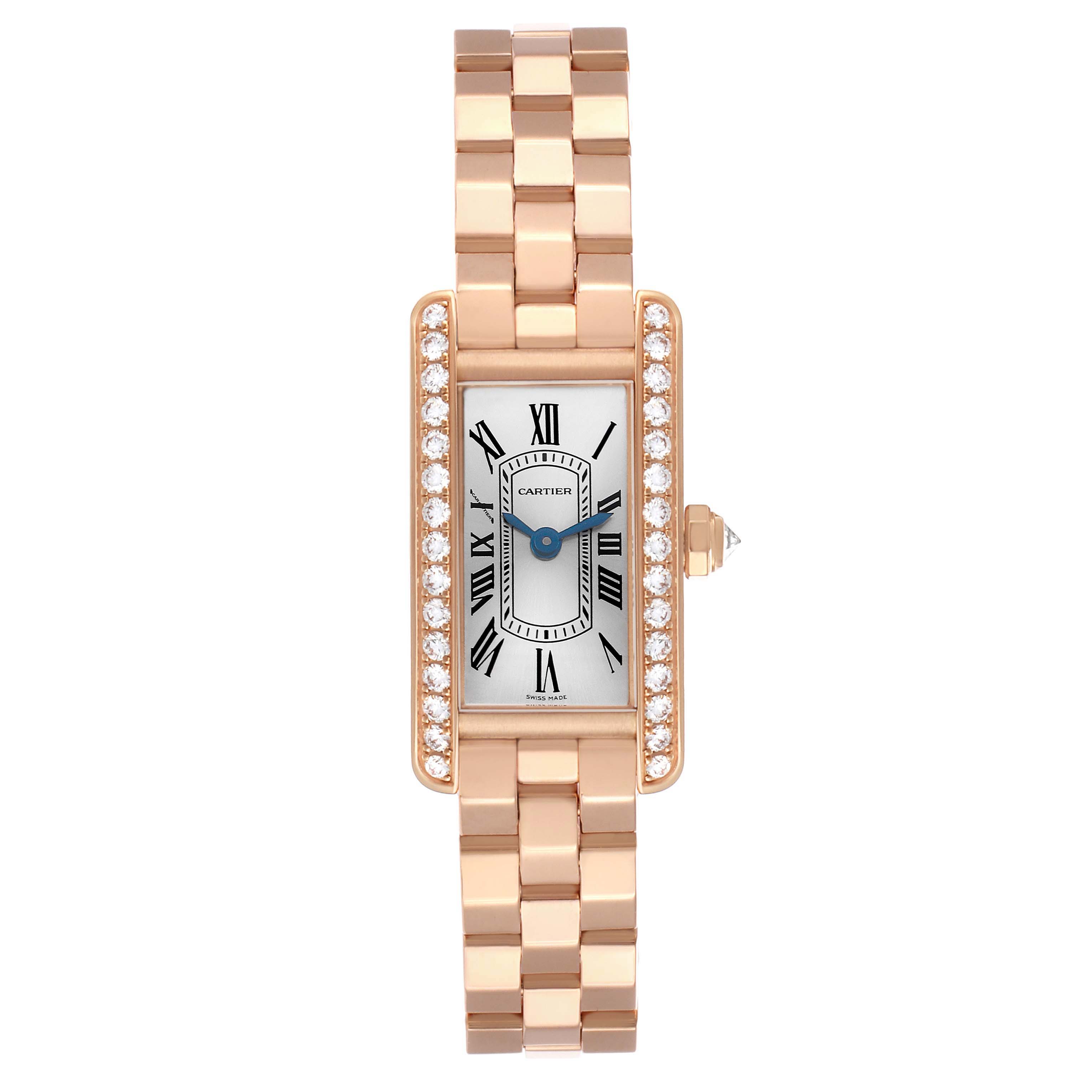 The image shows a Cartier Tank Americaine WJTA0043 Men's Rose Gold Silver Dial watch face-on with Roman numerals, diamond accents, and a metal bracelet.