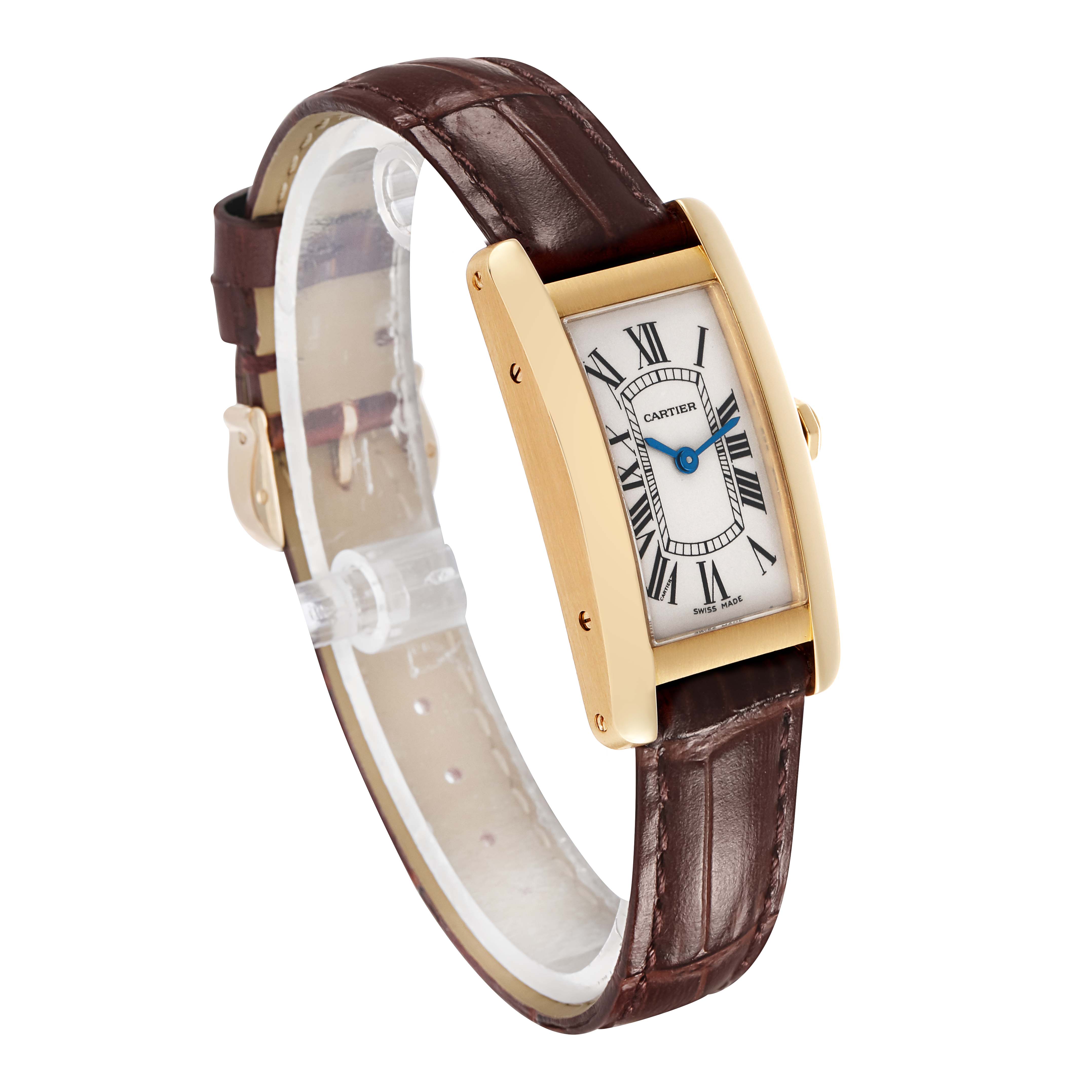 The Cartier Tank Américaine watch is shown at a three-quarter angle highlighting its rectangular face and brown leather strap.